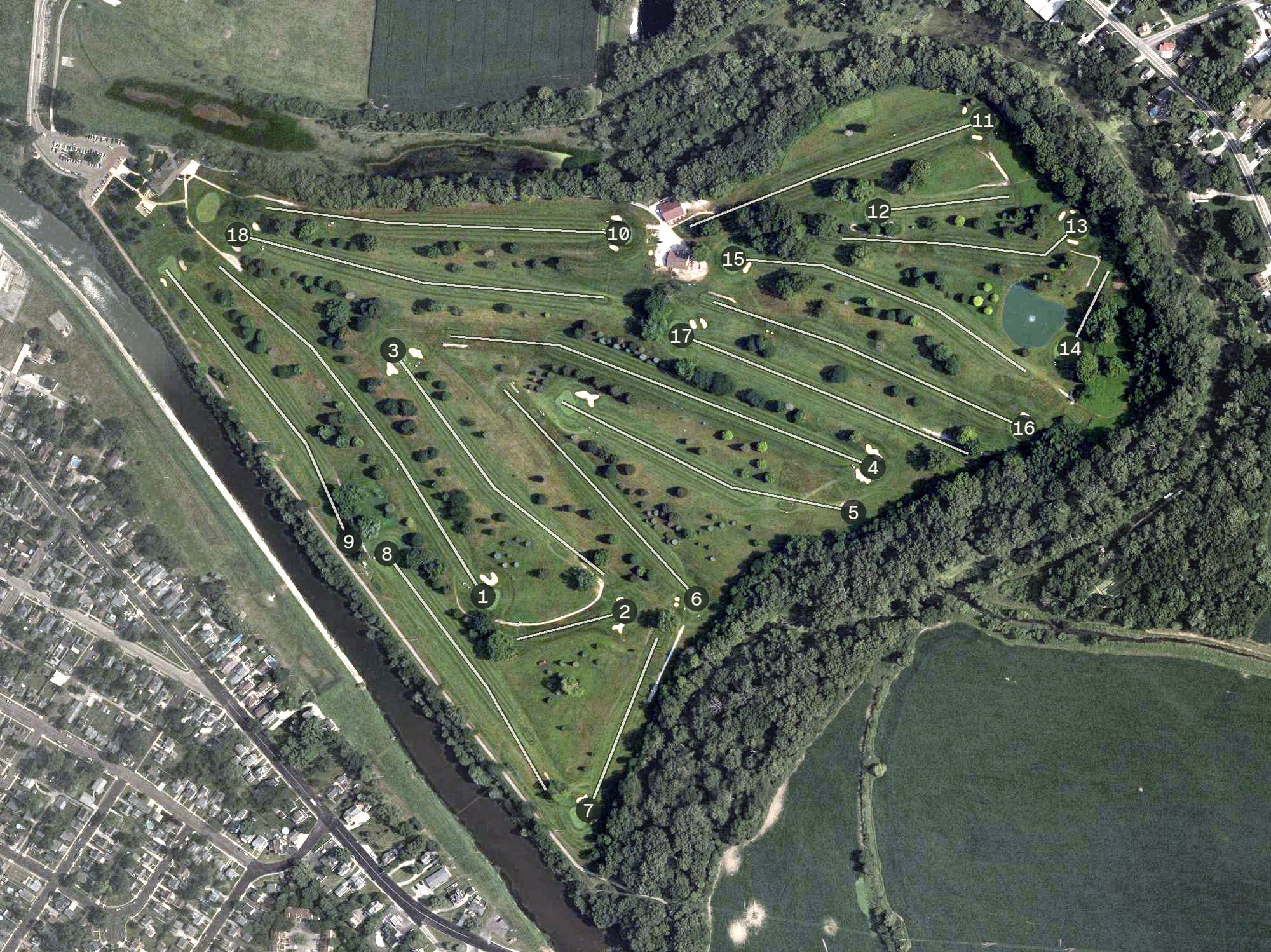Aerial view of Miami Shores Golf Course, OH, with its hole routing marked