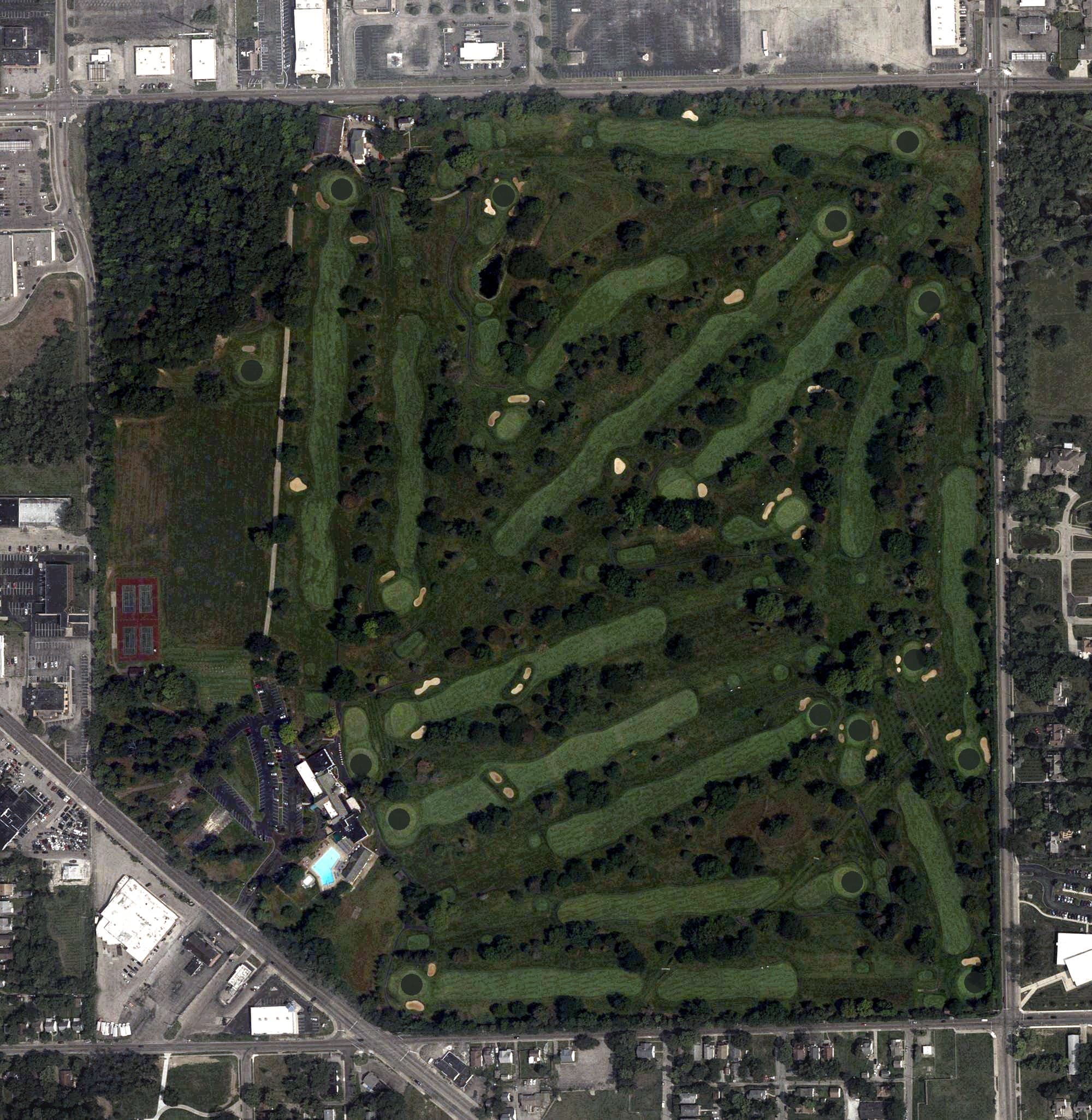Aerial view of Miami Valley Golf Club, OH, with its hole routing marked