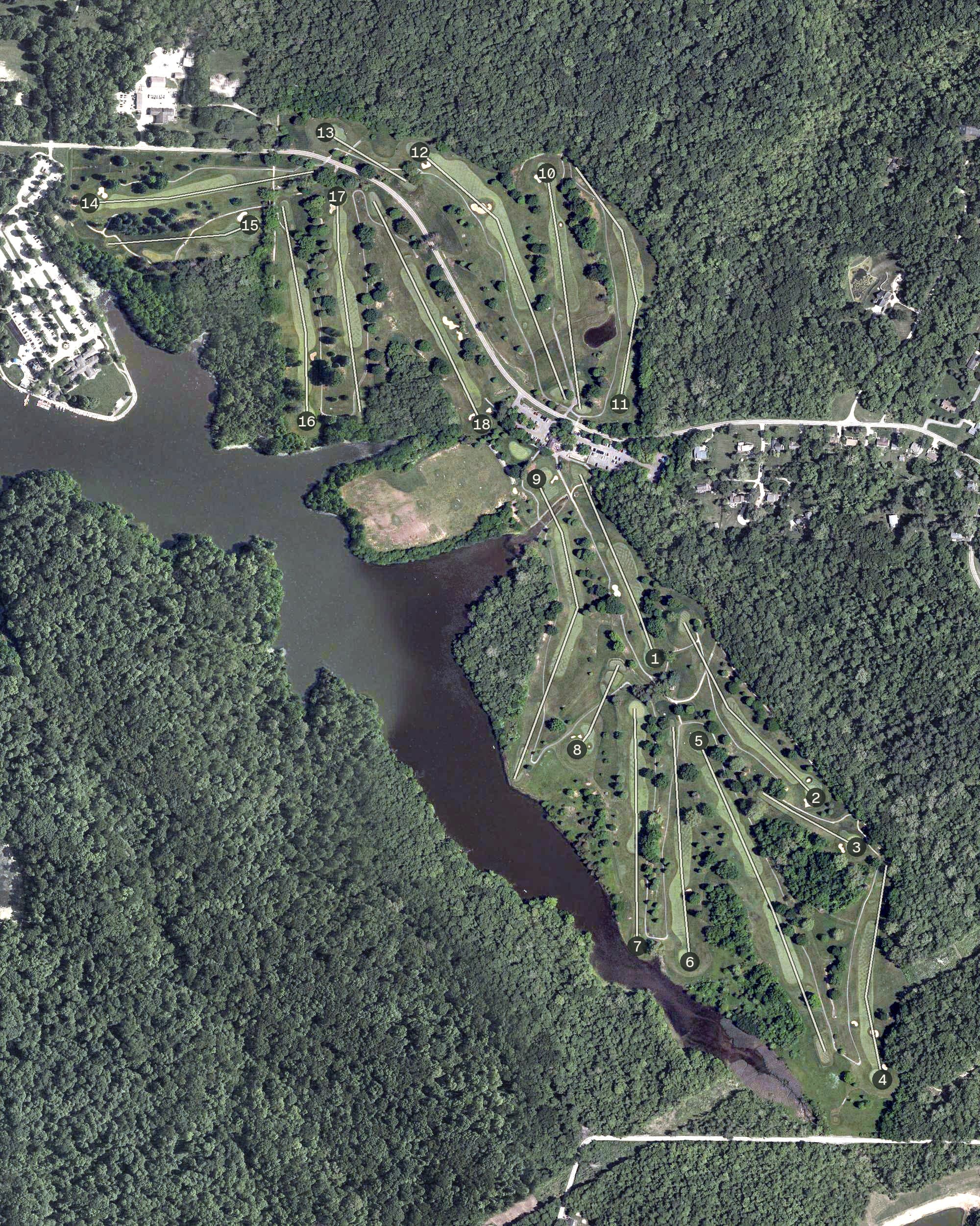 Aerial view of Miami Whitewater Forest Golf Course, OH, with its hole routing marked