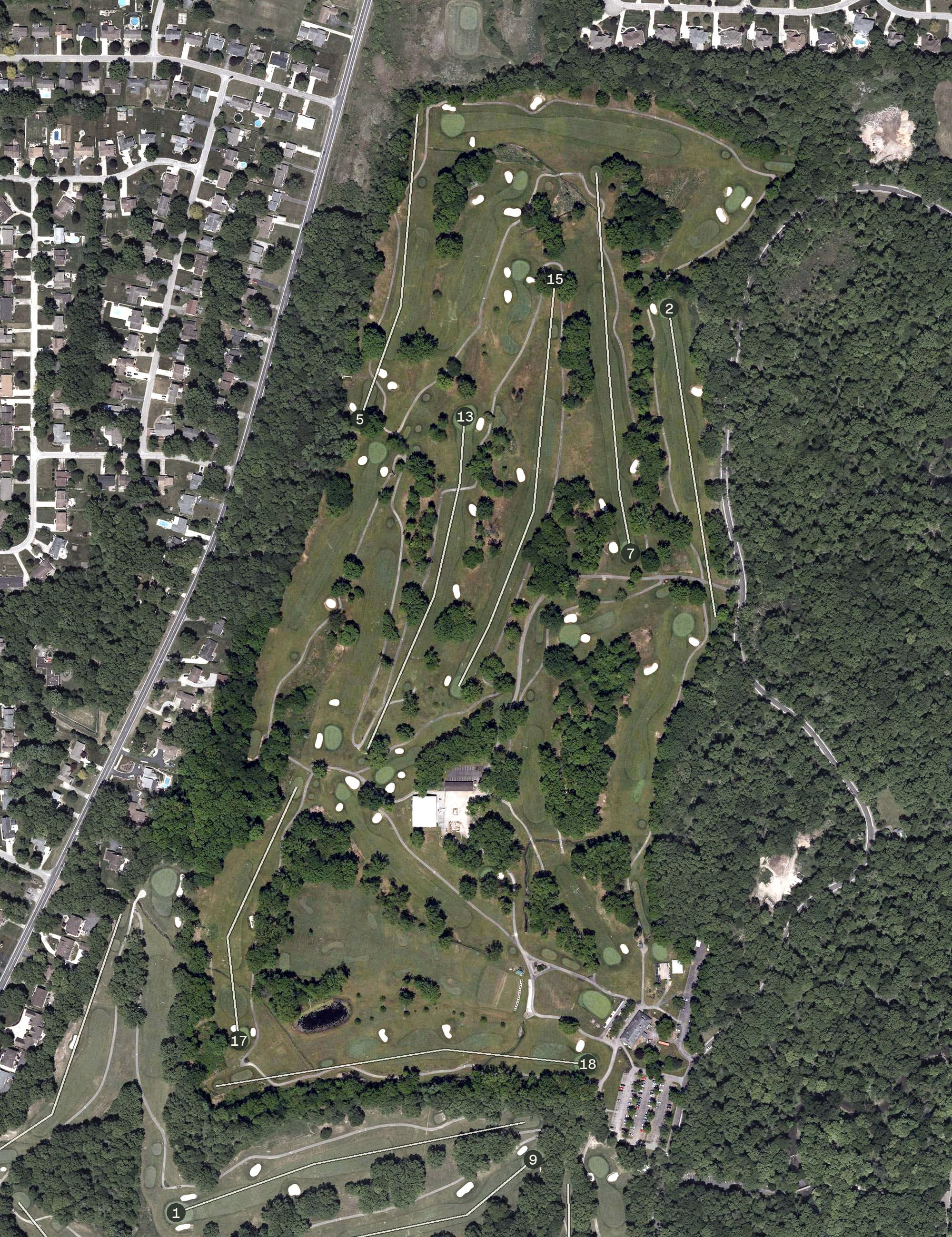 Aerial view of Mill Creek Golf Course (North), OH, with its hole routing marked