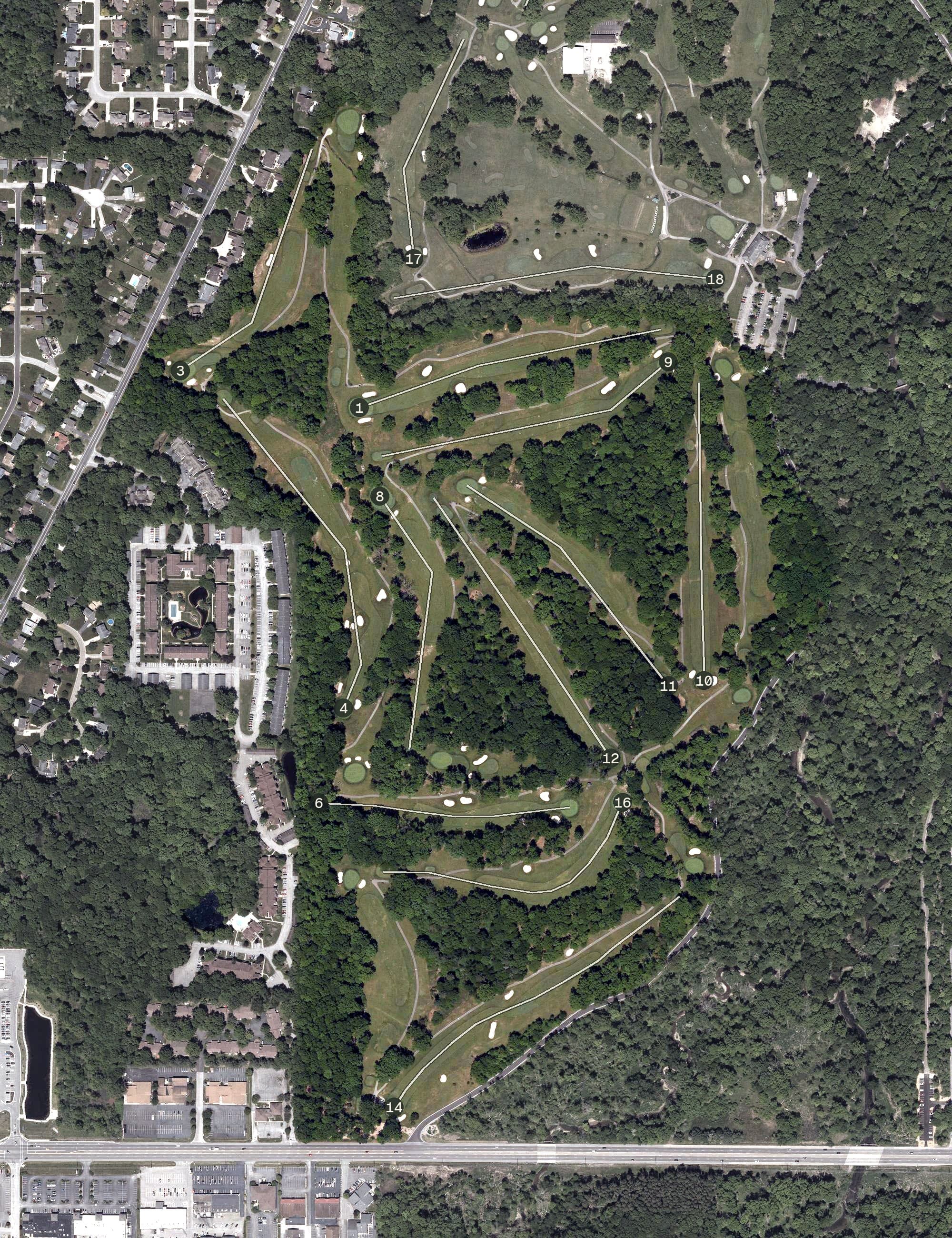 Aerial view of Mill Creek Golf Course (South), OH, with its hole routing marked