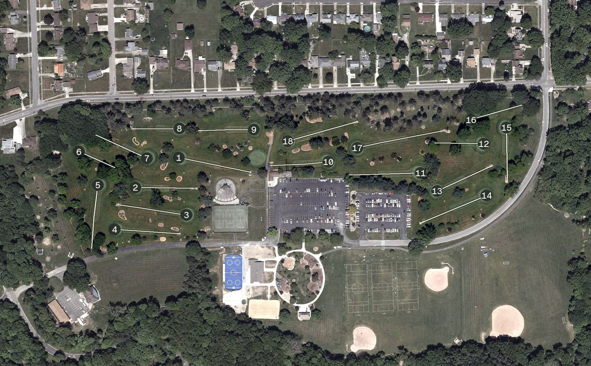 Aerial view of Mill Creek Metroparks Par-3 Golf Course, OH, with its hole routing marked