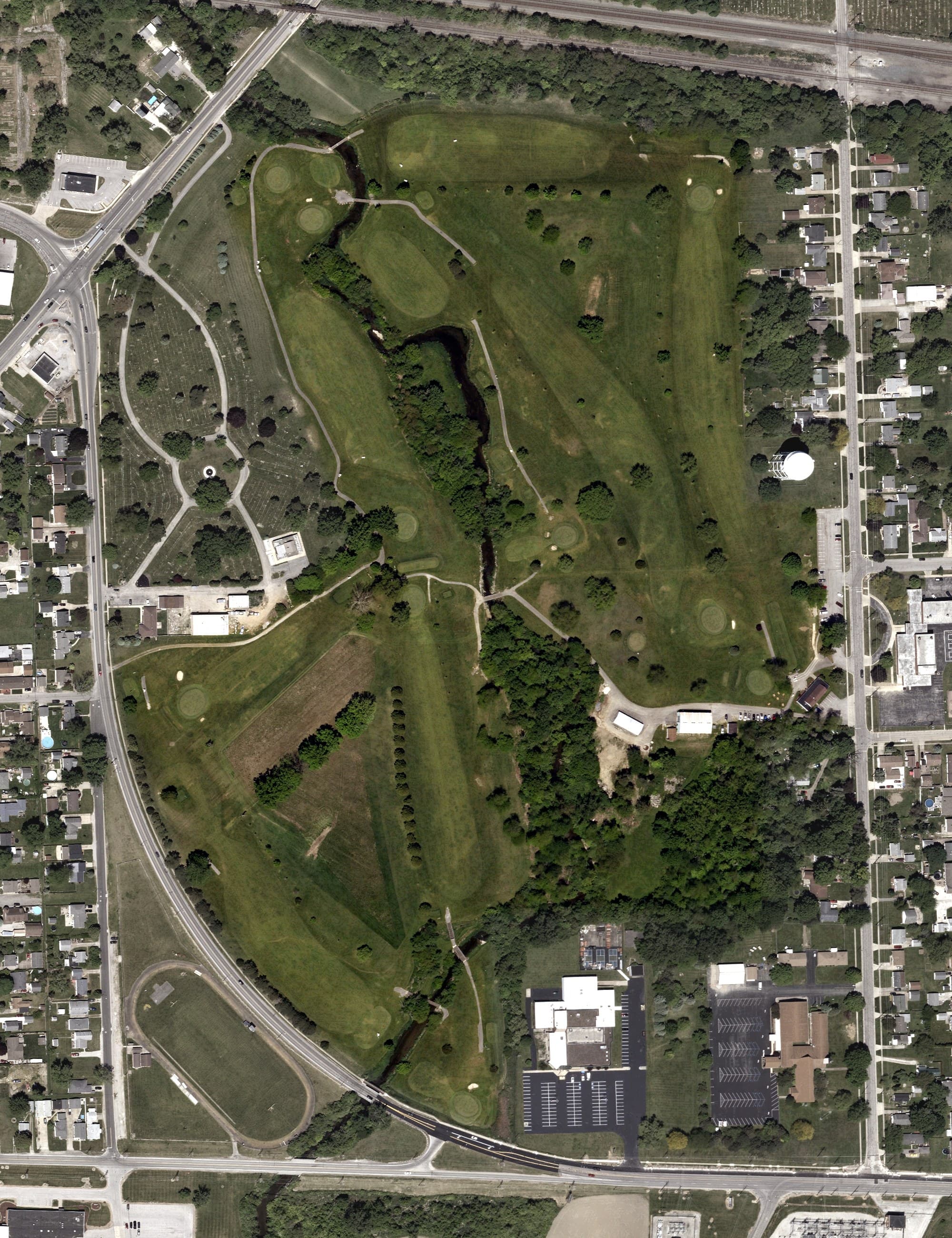 Aerial view of Mills Creek Golf Course, OH, with its hole routing marked