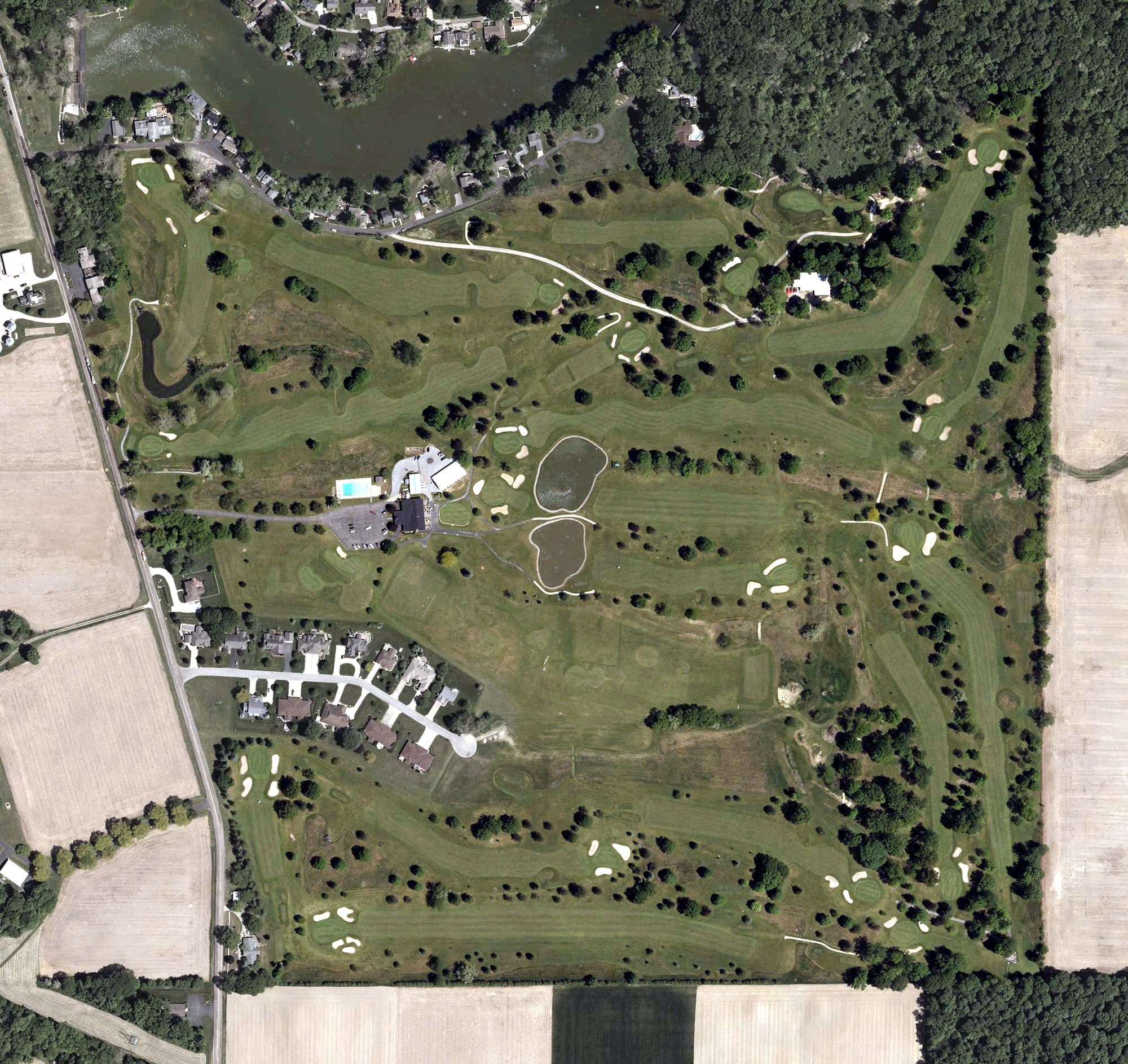 Aerial view of Mohawk Golf and Country Club, OH, with its hole routing marked