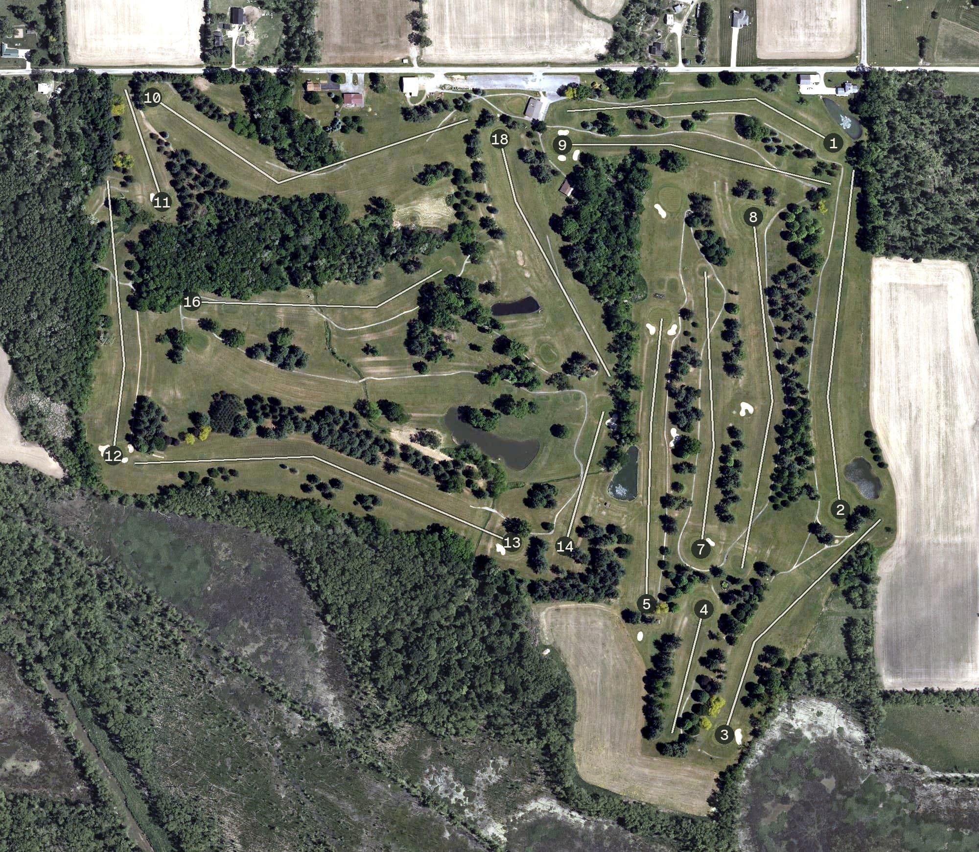 Aerial view of Mohican Hills Golf Club, OH, with its hole routing marked