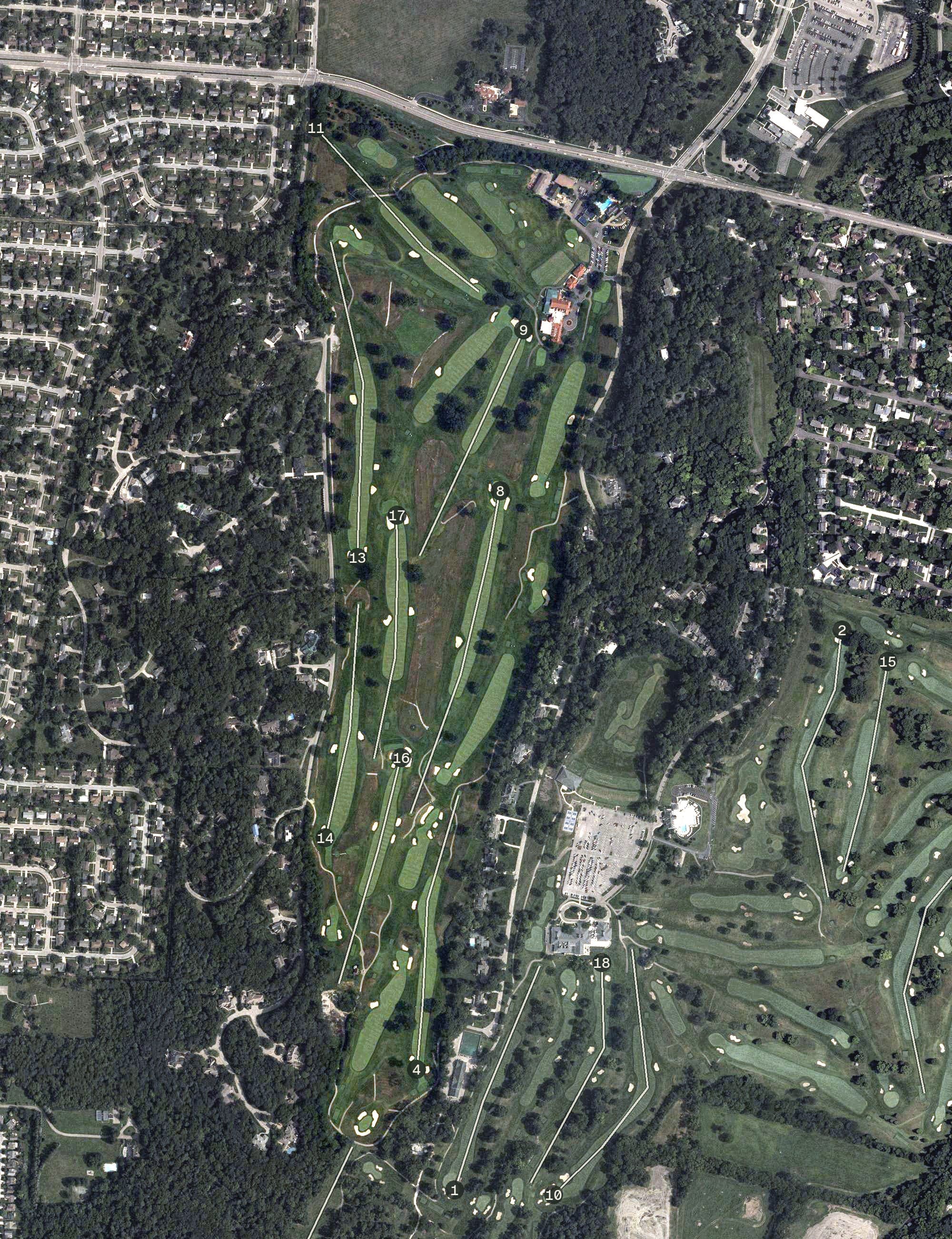 Aerial view of Moraine Country Club, OH, with its hole routing marked