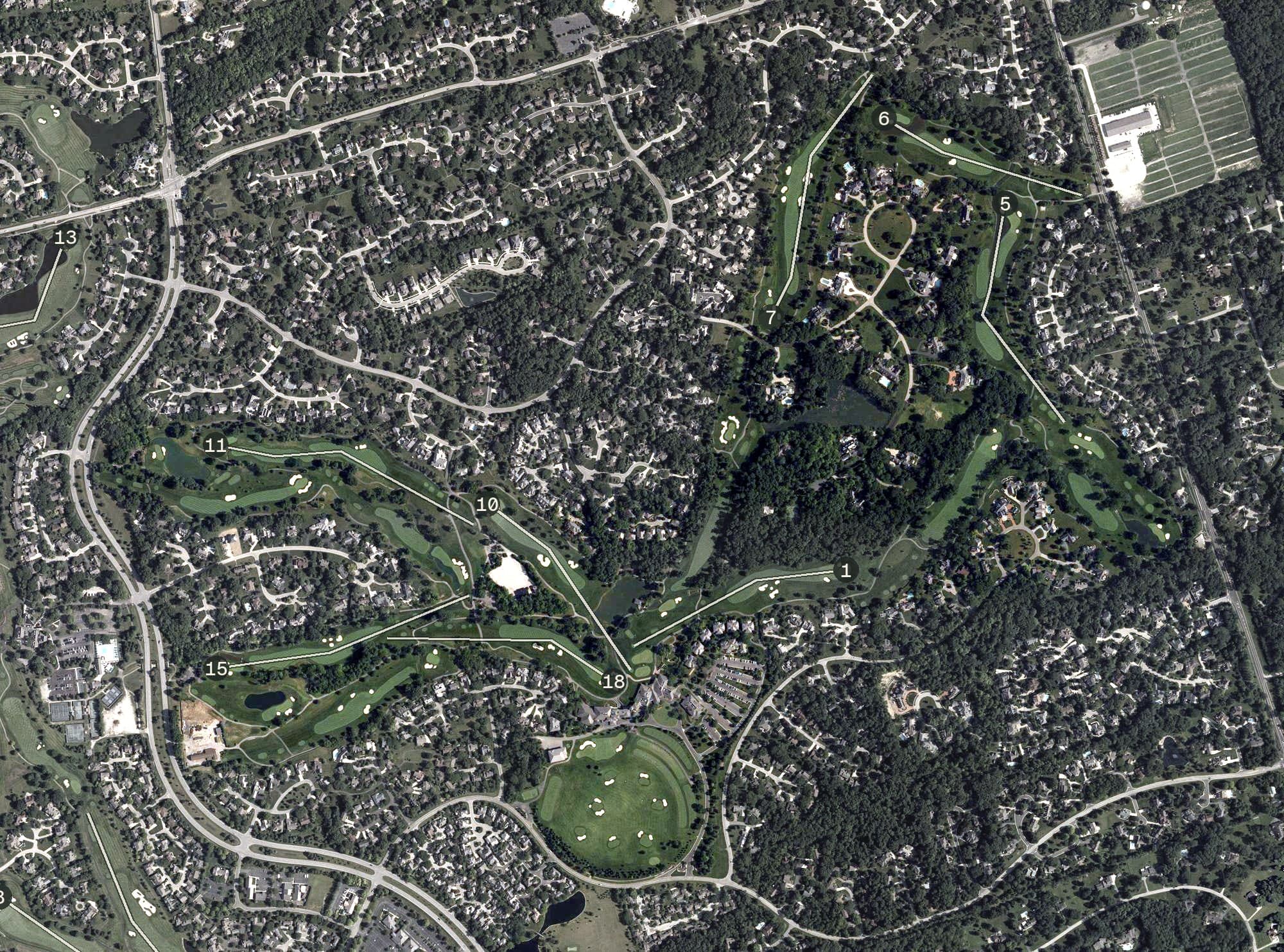Aerial view of Muirfield Village Golf Club, OH, with its hole routing marked