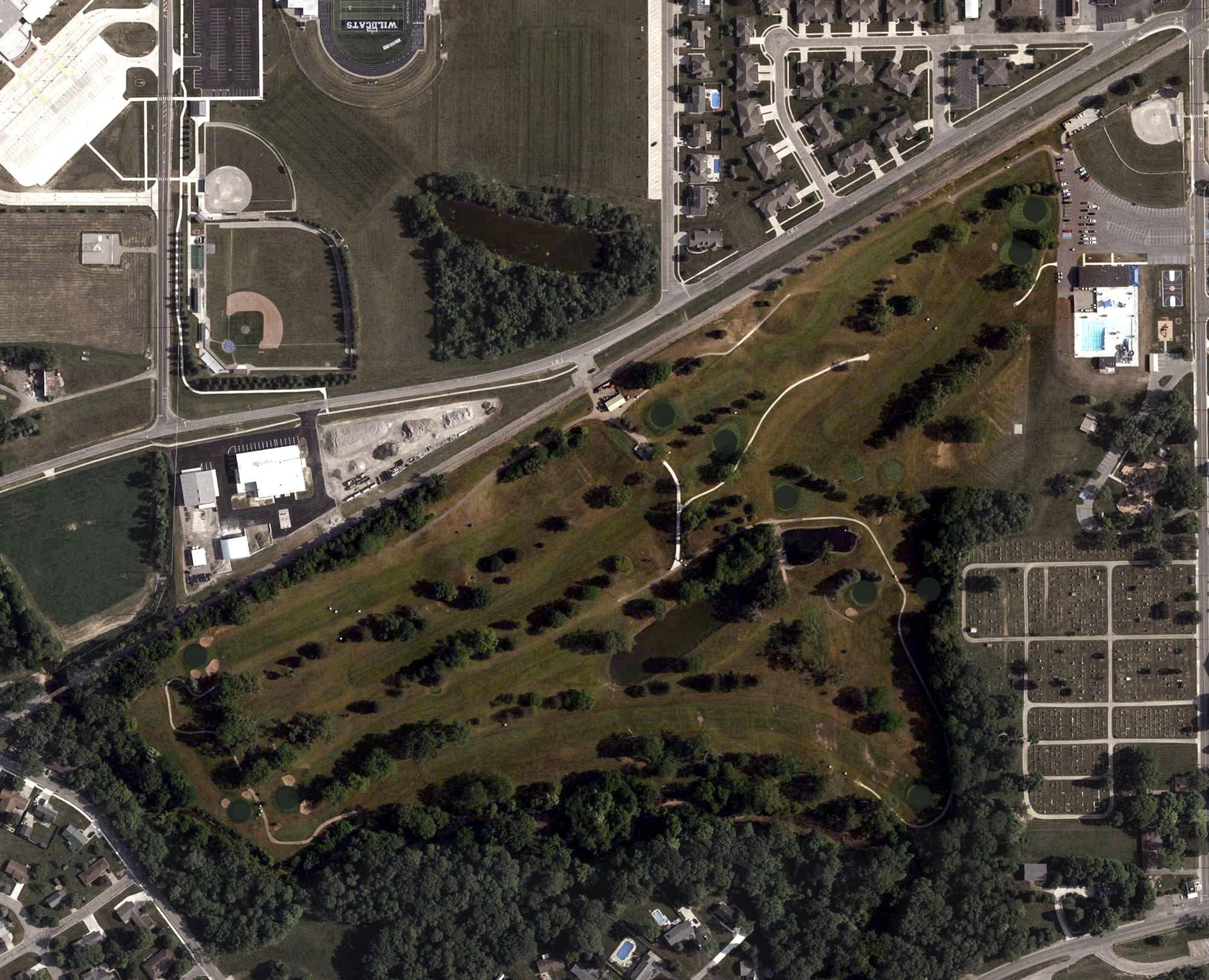 Aerial view of Napoleon Municipal Golf Course, OH, with its hole routing marked