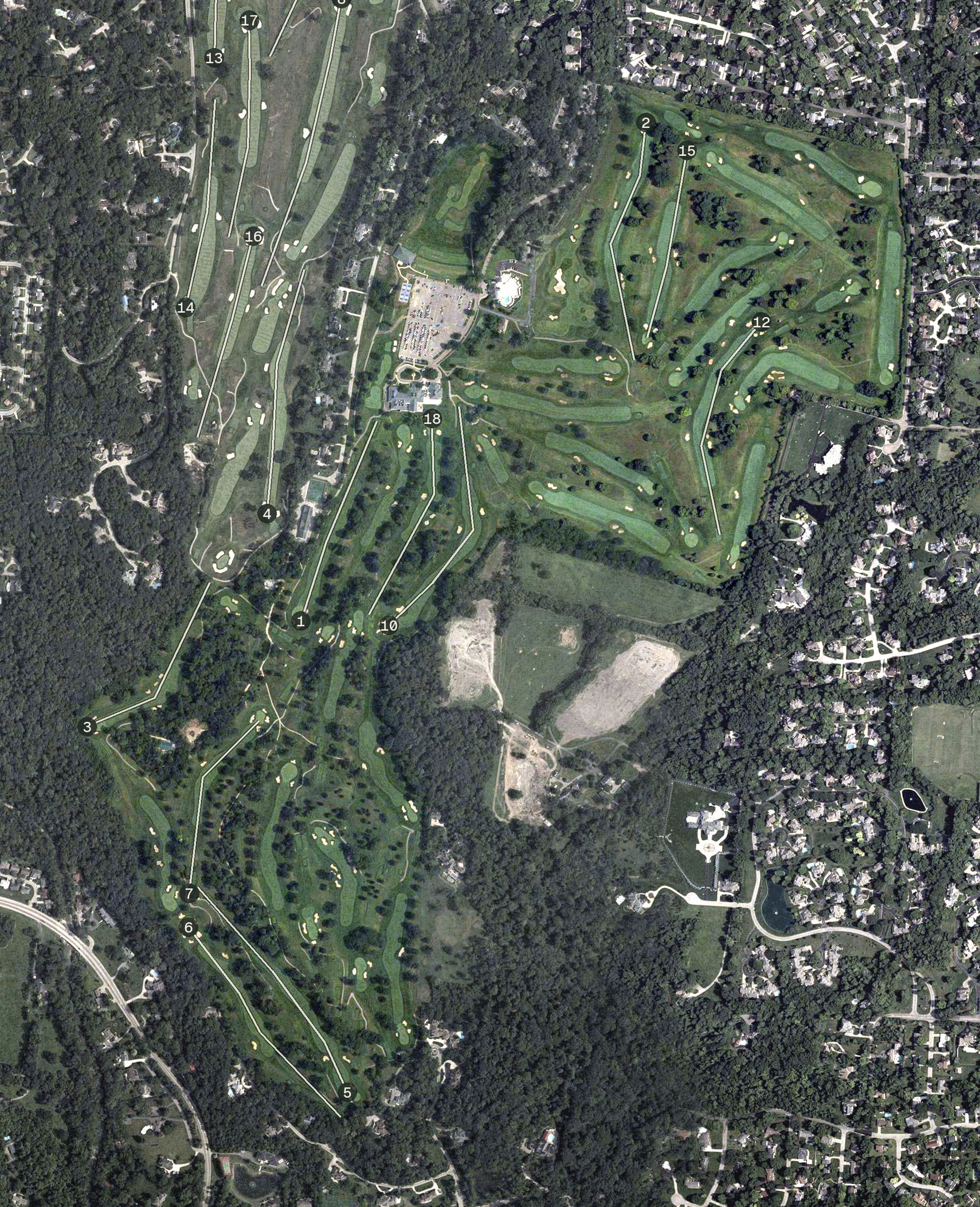 Aerial view of NCR Country Club, OH, with its hole routing marked