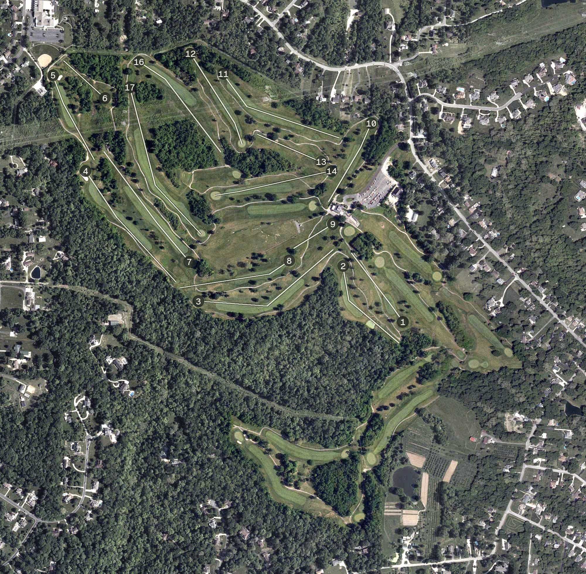 Aerial view of Neumann Golf Course, OH, with its hole routing marked
