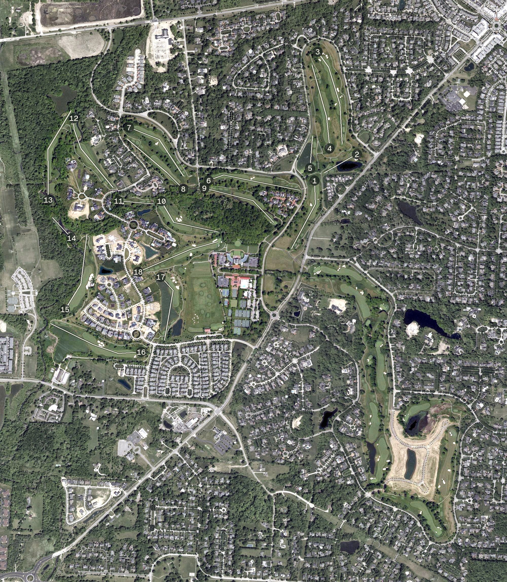Aerial view of New Albany Country Club, OH, with its hole routing marked
