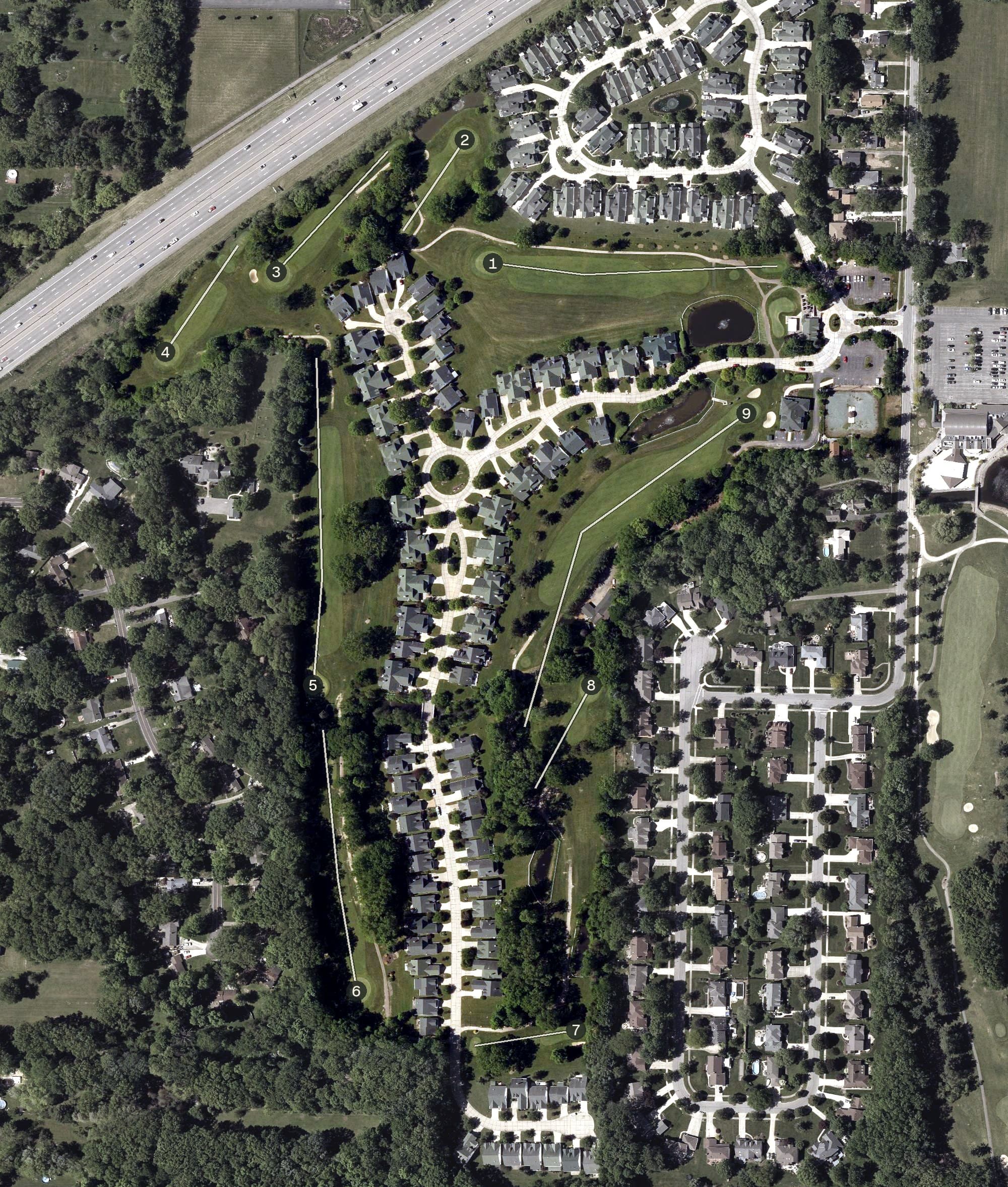 Aerial view of North Olmsted Golf Club, OH, with its hole routing marked