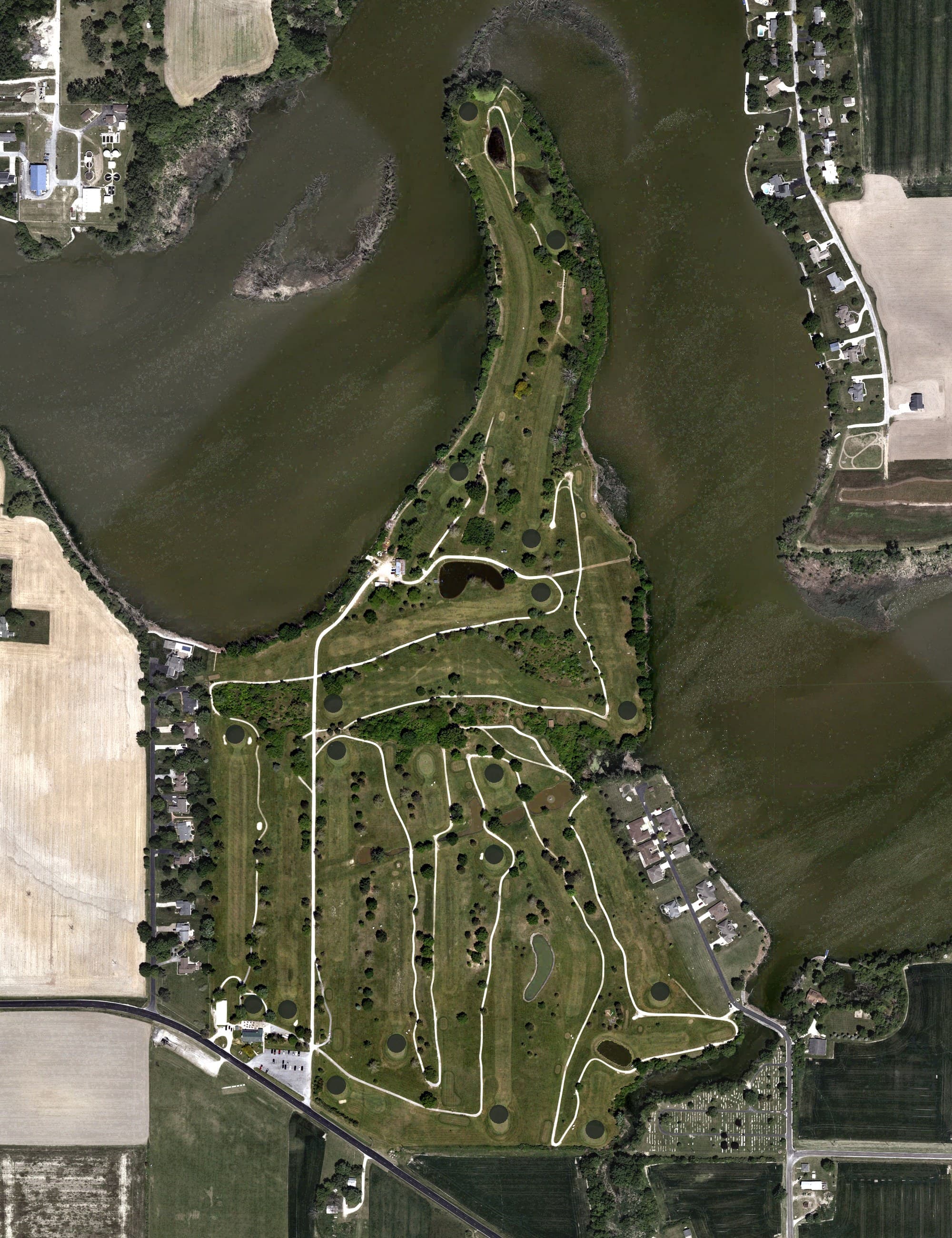 Aerial view of Oak Harbor Golf Club, OH, with its hole routing marked