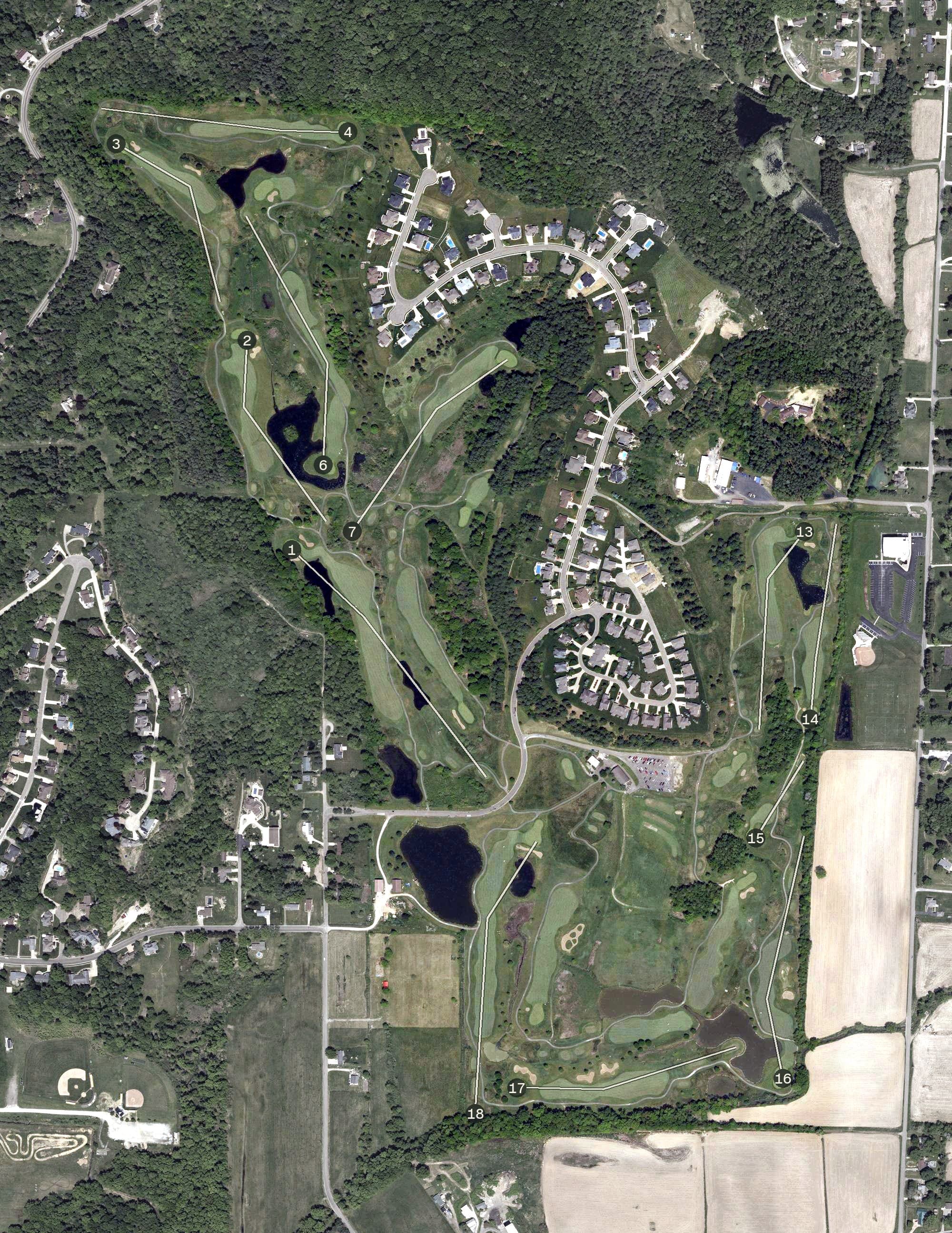 Aerial view of Oak Shadows Golf Club, OH, with its hole routing marked