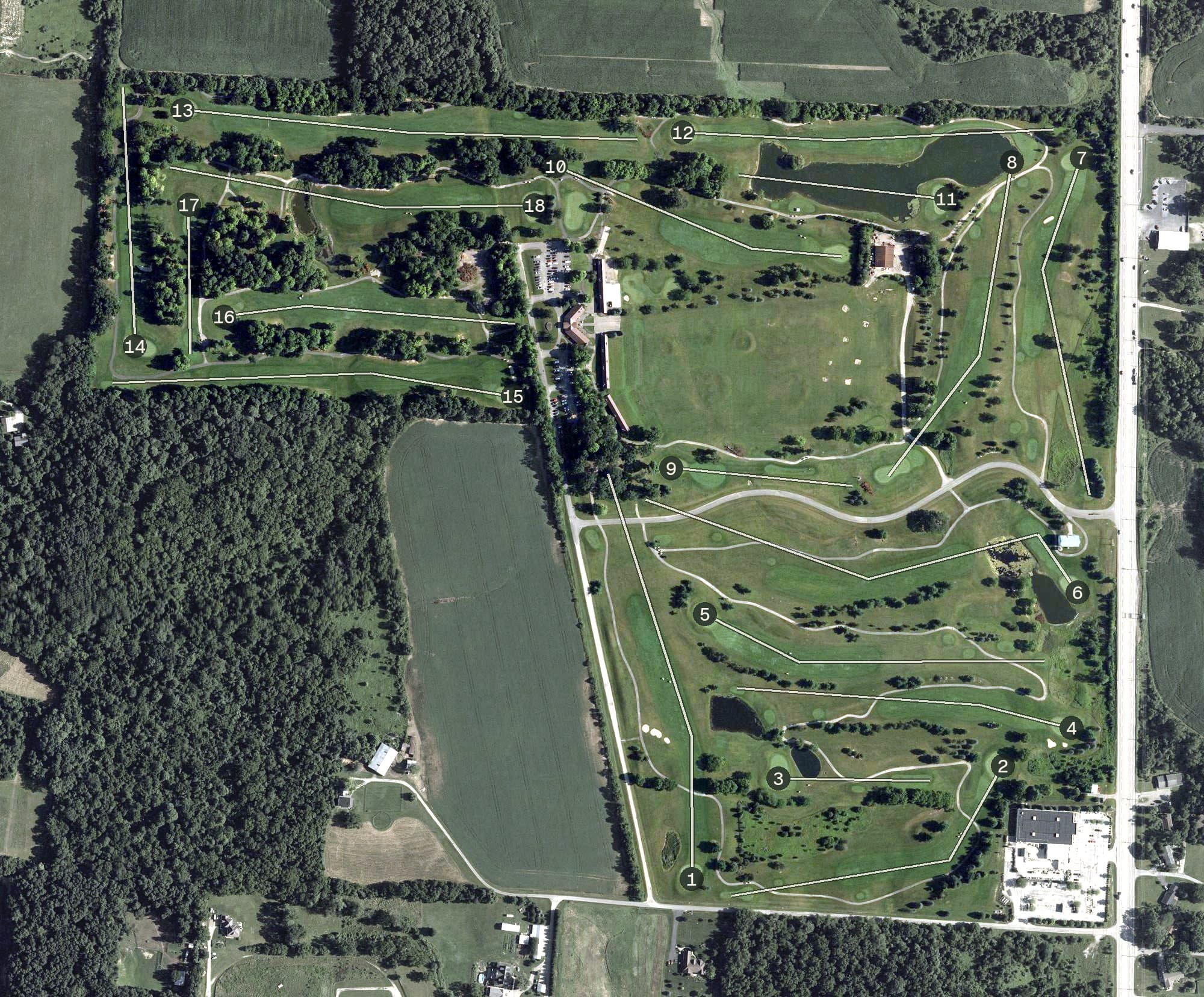 Aerial view of Oakhaven Golf Club, OH, with its hole routing marked