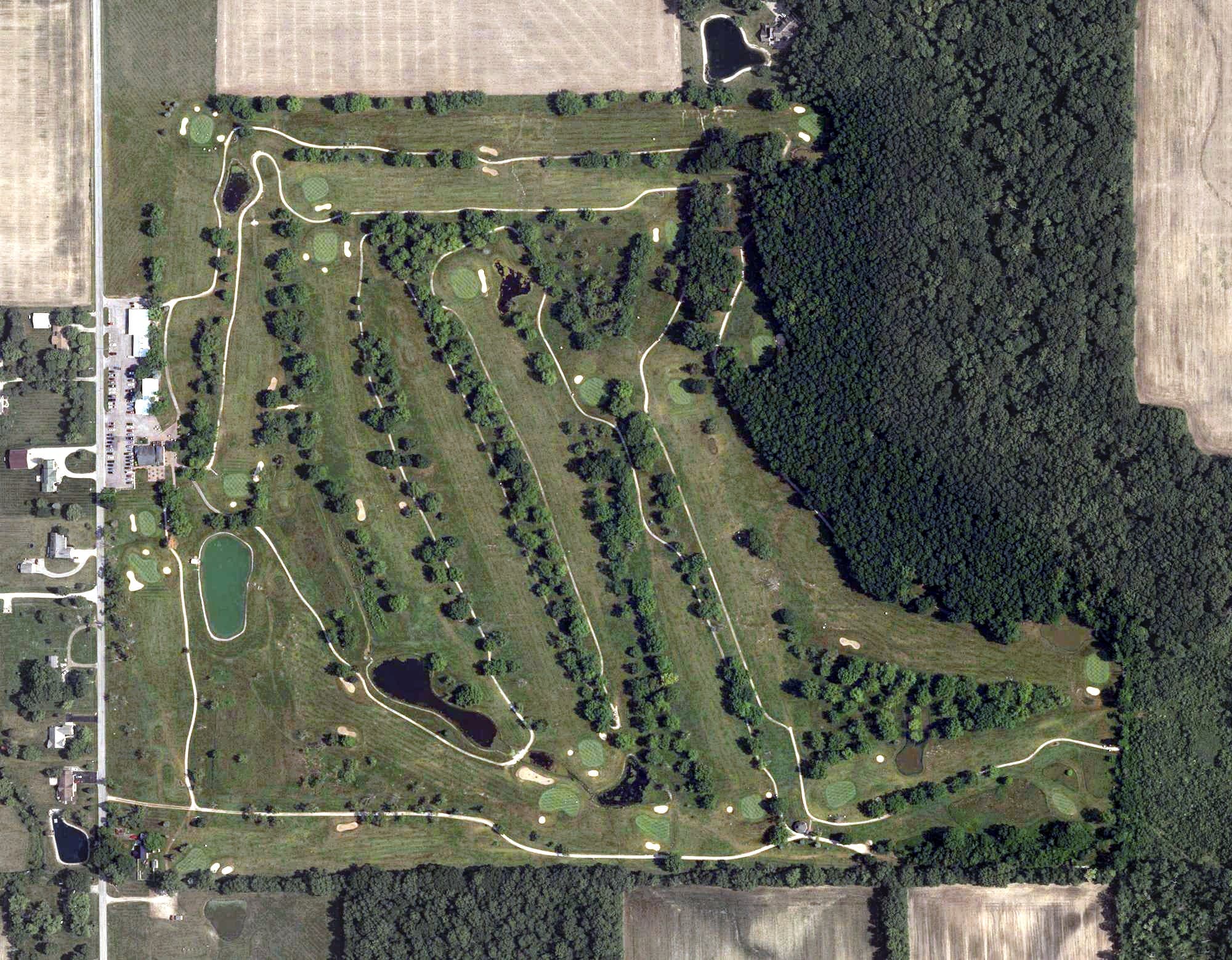 Aerial view of Oaks Golf Course, OH, with its hole routing marked