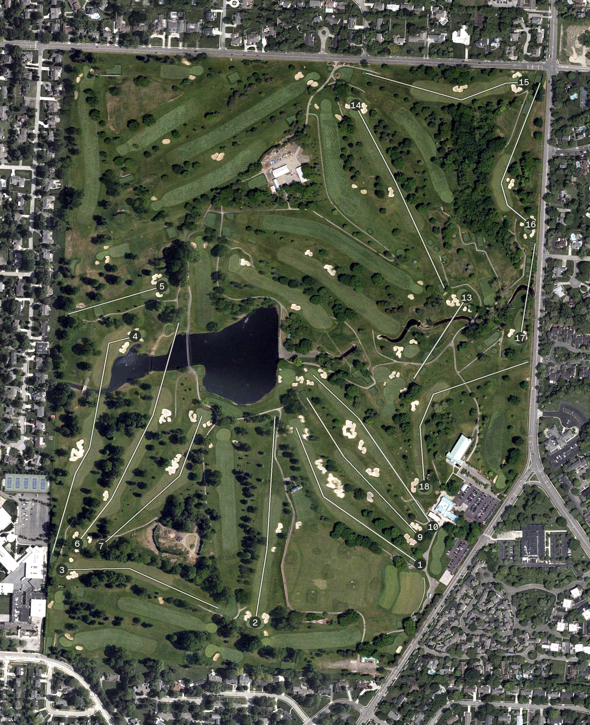 Aerial view of Ohio State University Golf Course, OH, with its hole routing marked