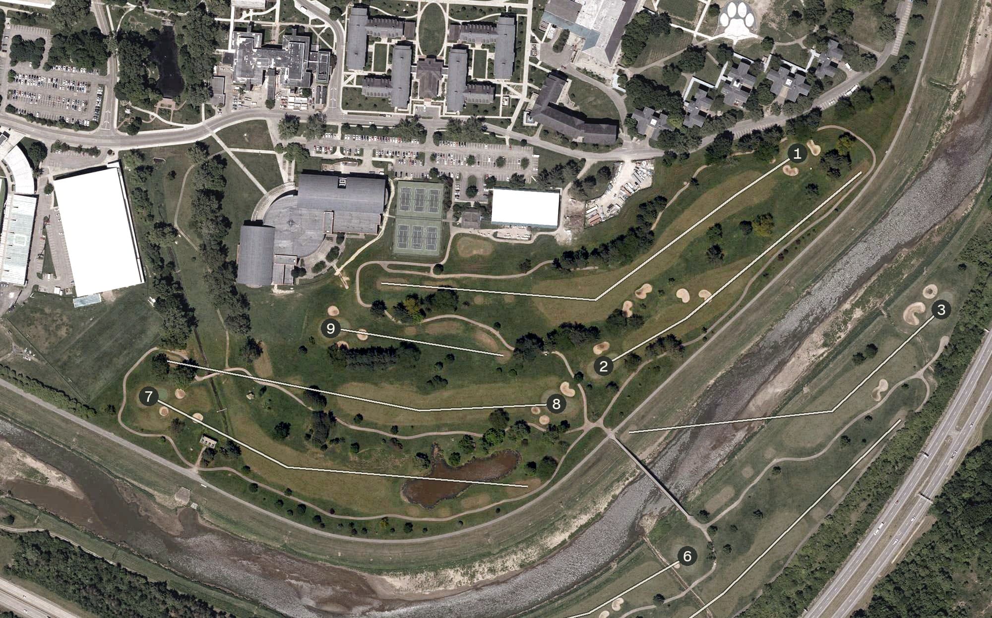 Aerial view of Ohio University Golf Course, OH, with its hole routing marked