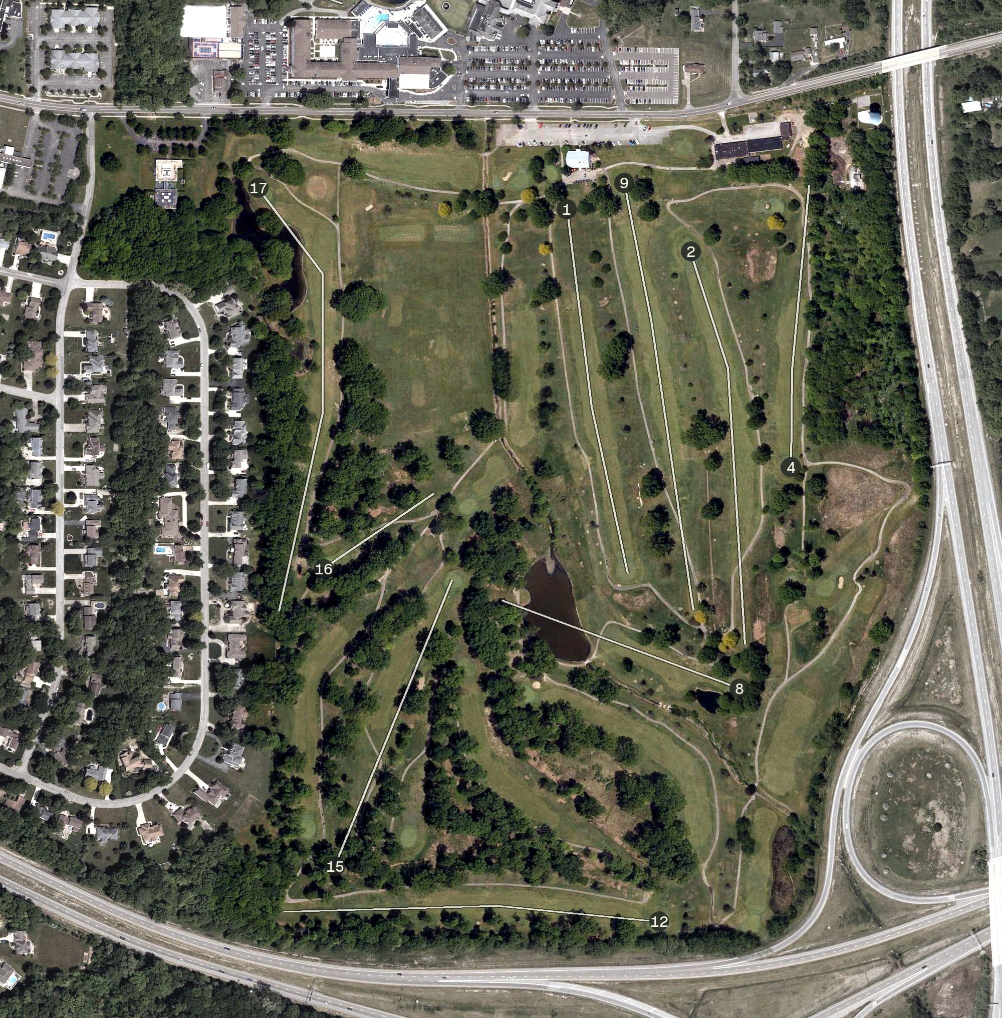 Aerial view of Old Avalon Golf Course, OH, with its hole routing marked
