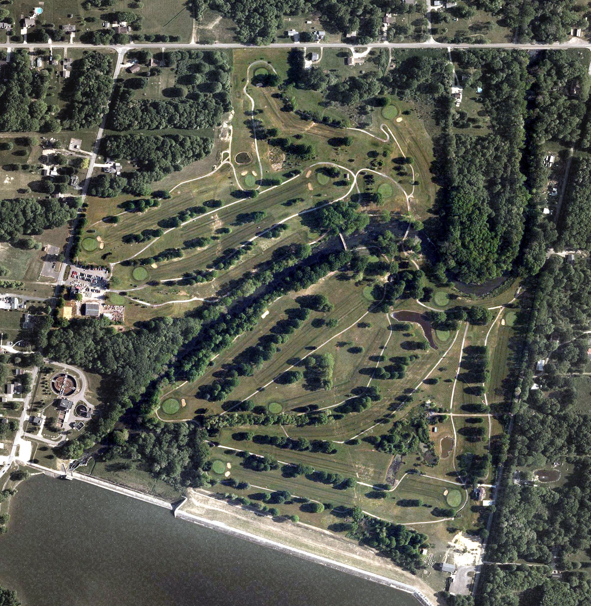 Aerial view of Olde Dutch Mill Golf Course, OH, with its hole routing marked