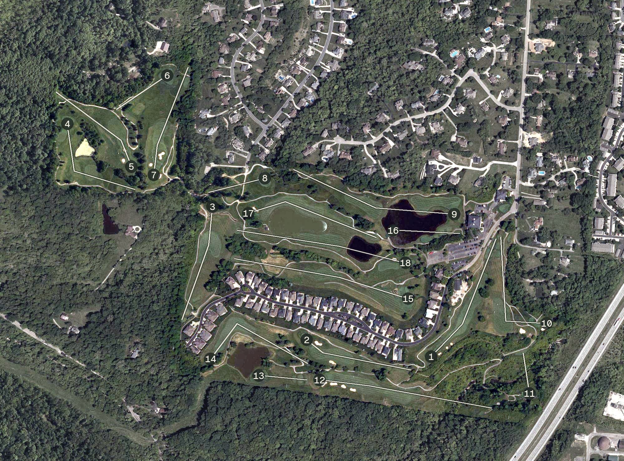 Aerial view of Pebble Creek, OH, with its hole routing marked