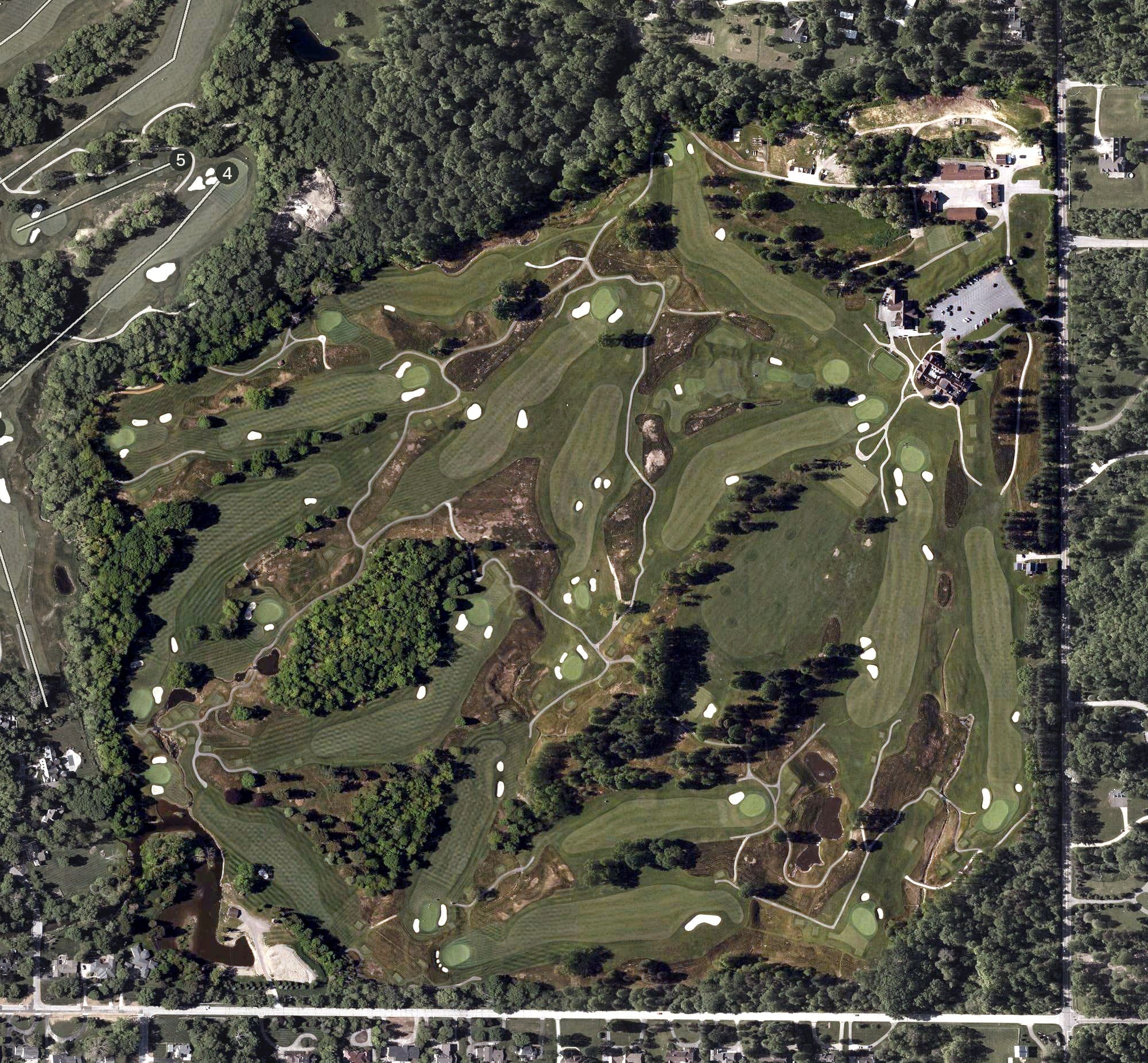 Aerial view of Pepper Pike Club, OH, with its hole routing marked