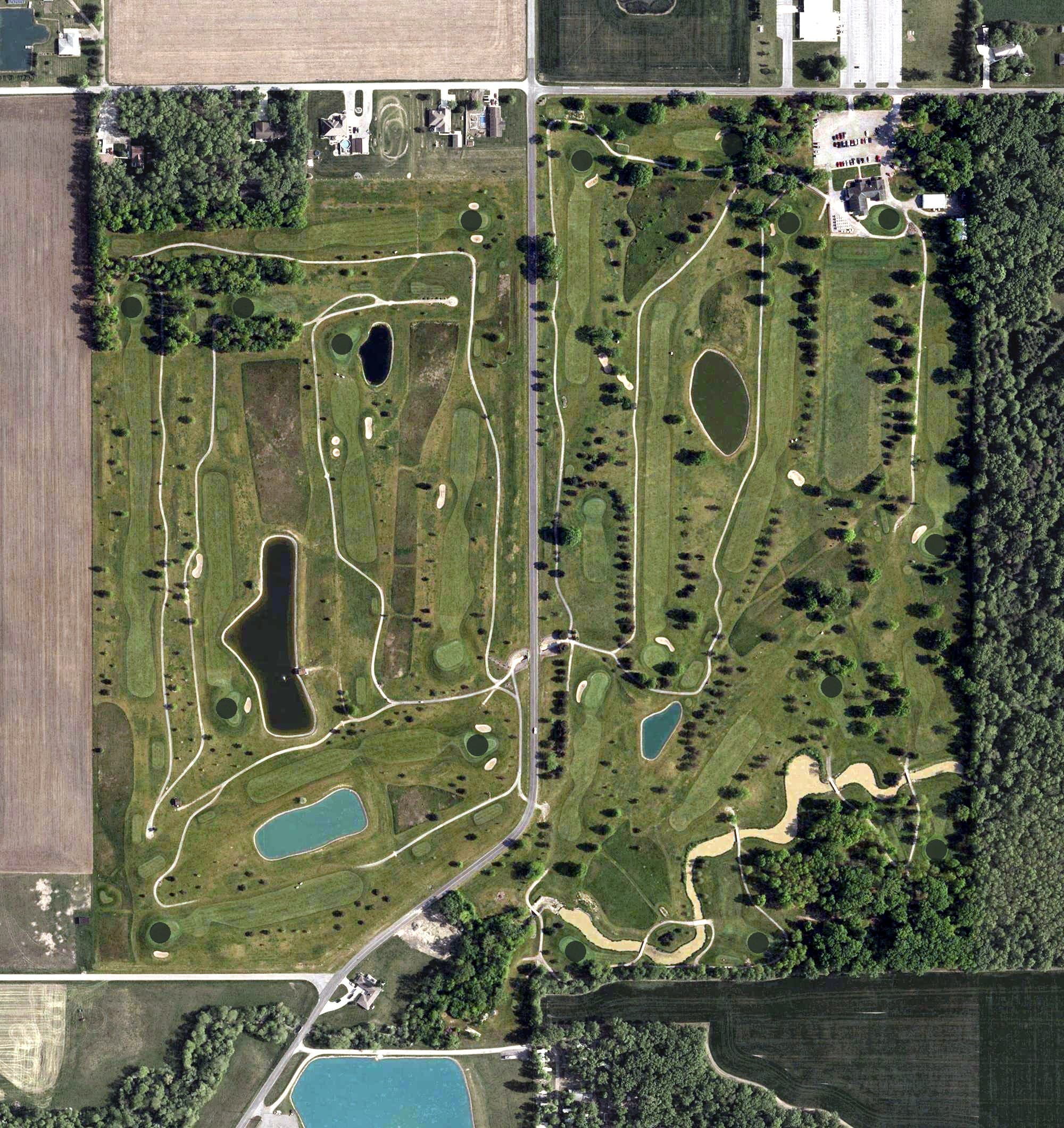Aerial view of Pike Run Golf Club, OH, with its hole routing marked