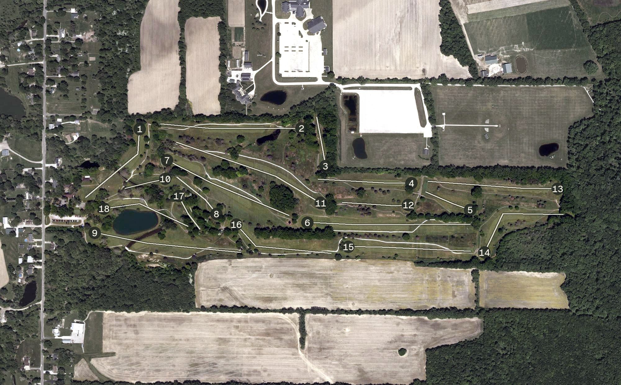 Aerial view of Pine Brook Golf Links, OH, with its hole routing marked