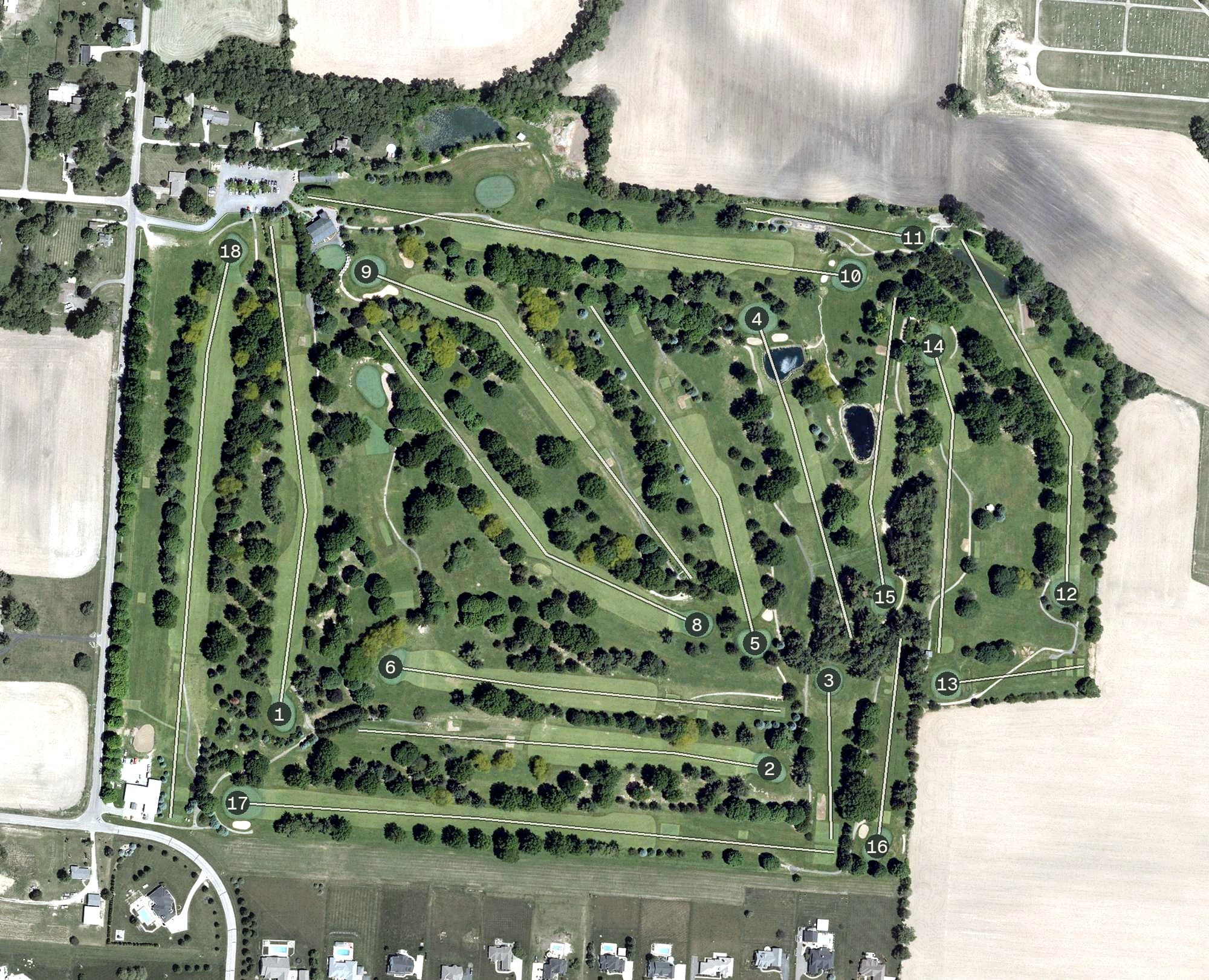 Aerial view of Pine Hill Golf Course, OH, with its hole routing marked