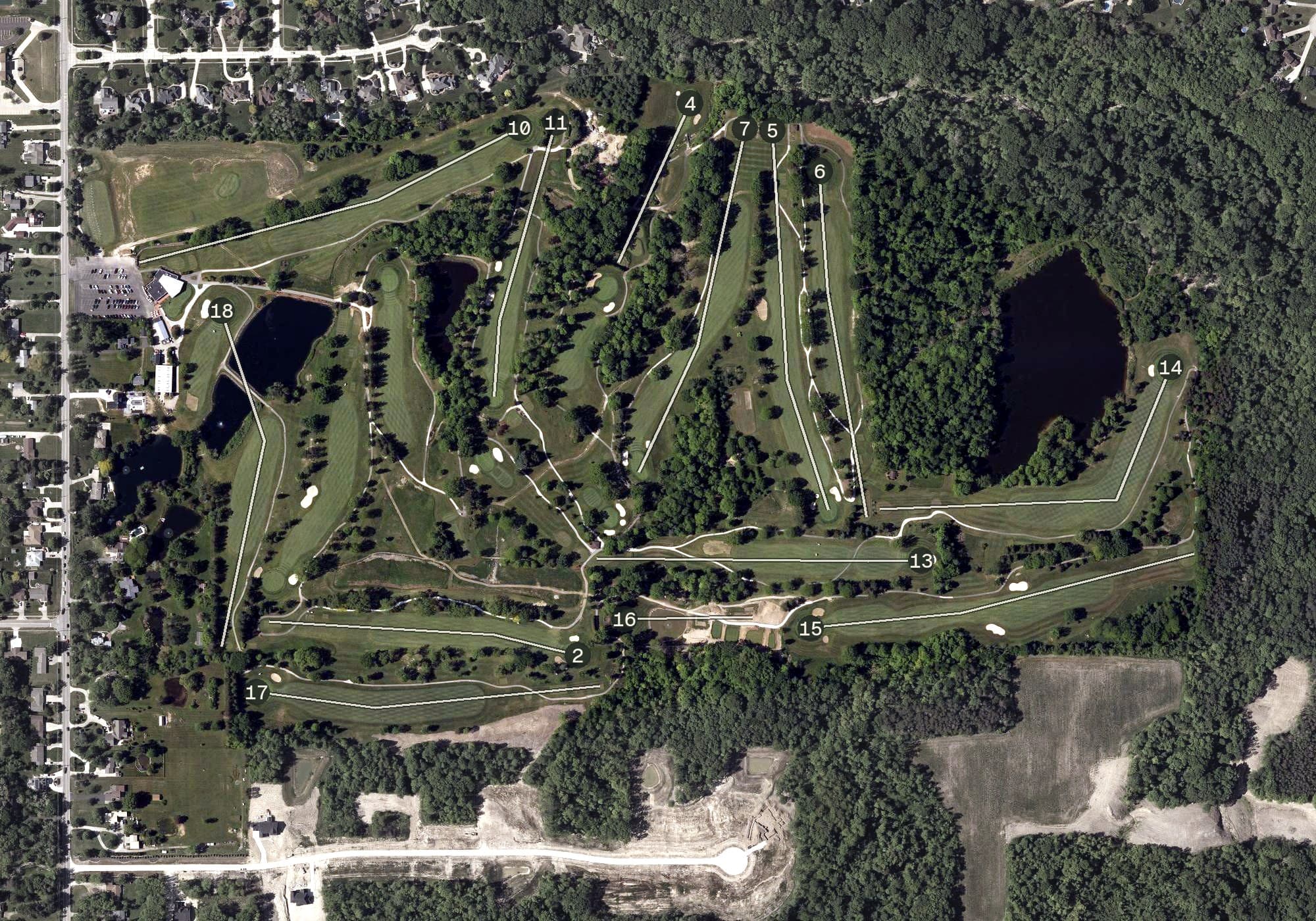 Aerial view of Pine Hills Golf Course, OH, with its hole routing marked