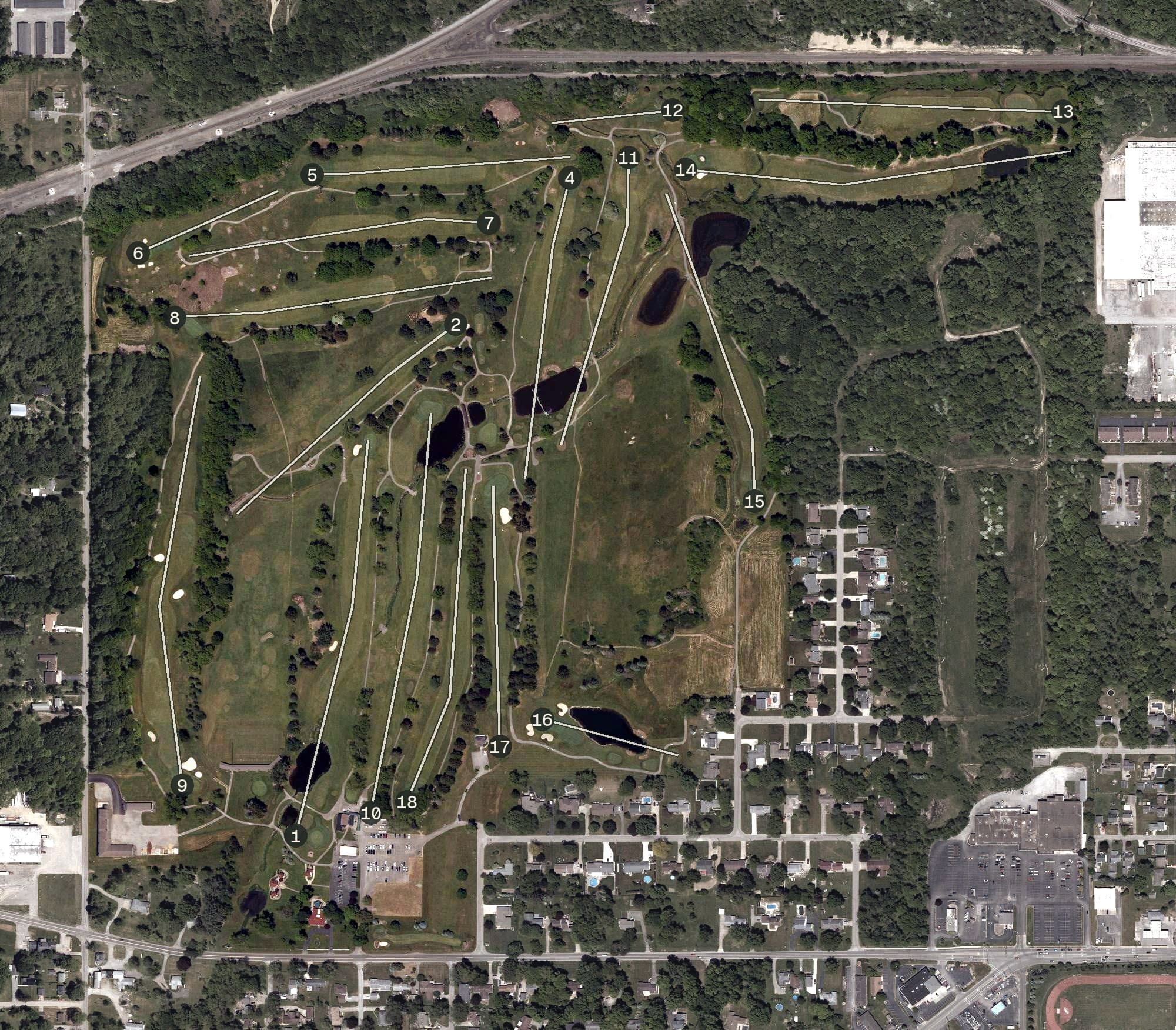 Aerial view of Pine Lakes Golf Club, OH, with its hole routing marked