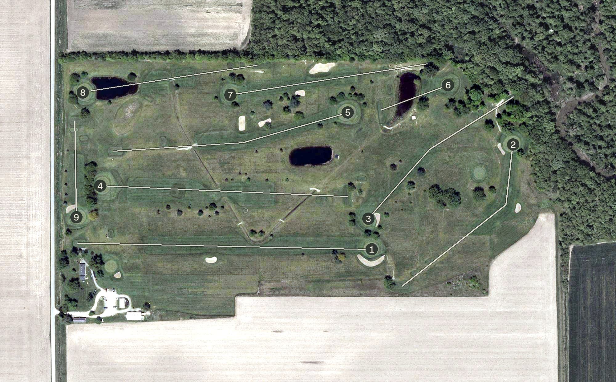 Aerial view of Pleasant Valley Golf Course, OH, with its hole routing marked