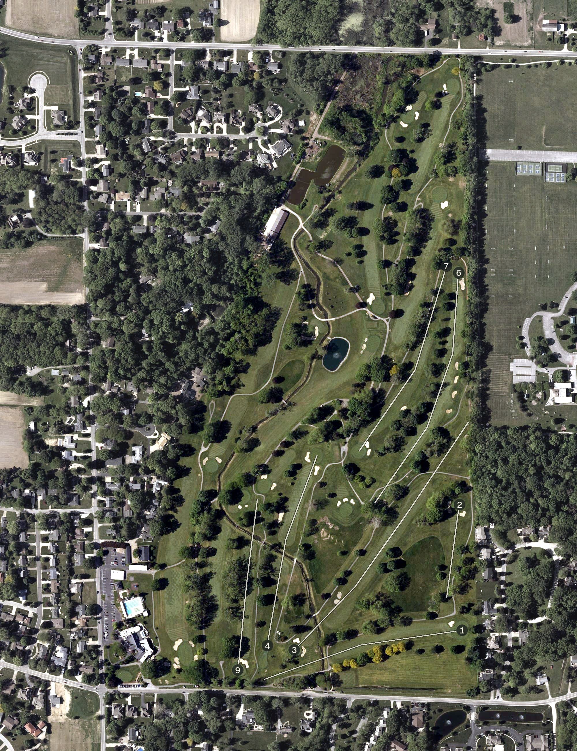 Aerial view of Plum Brook Country Club, OH, with its hole routing marked