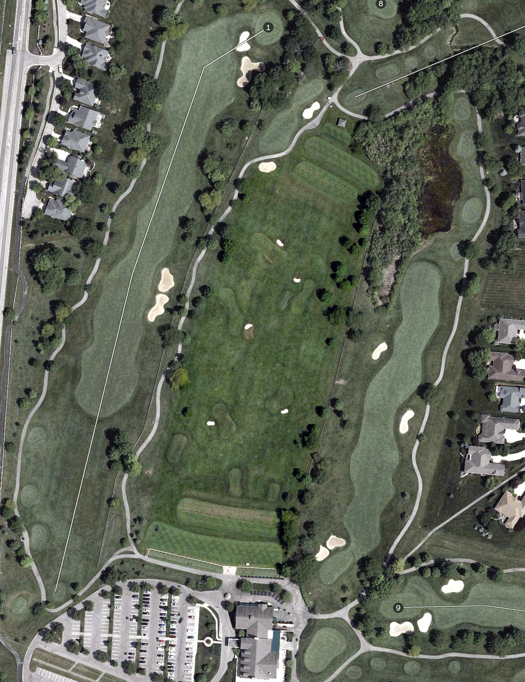 Aerial view of Practice Area - Driving Range, OH, with its hole routing marked