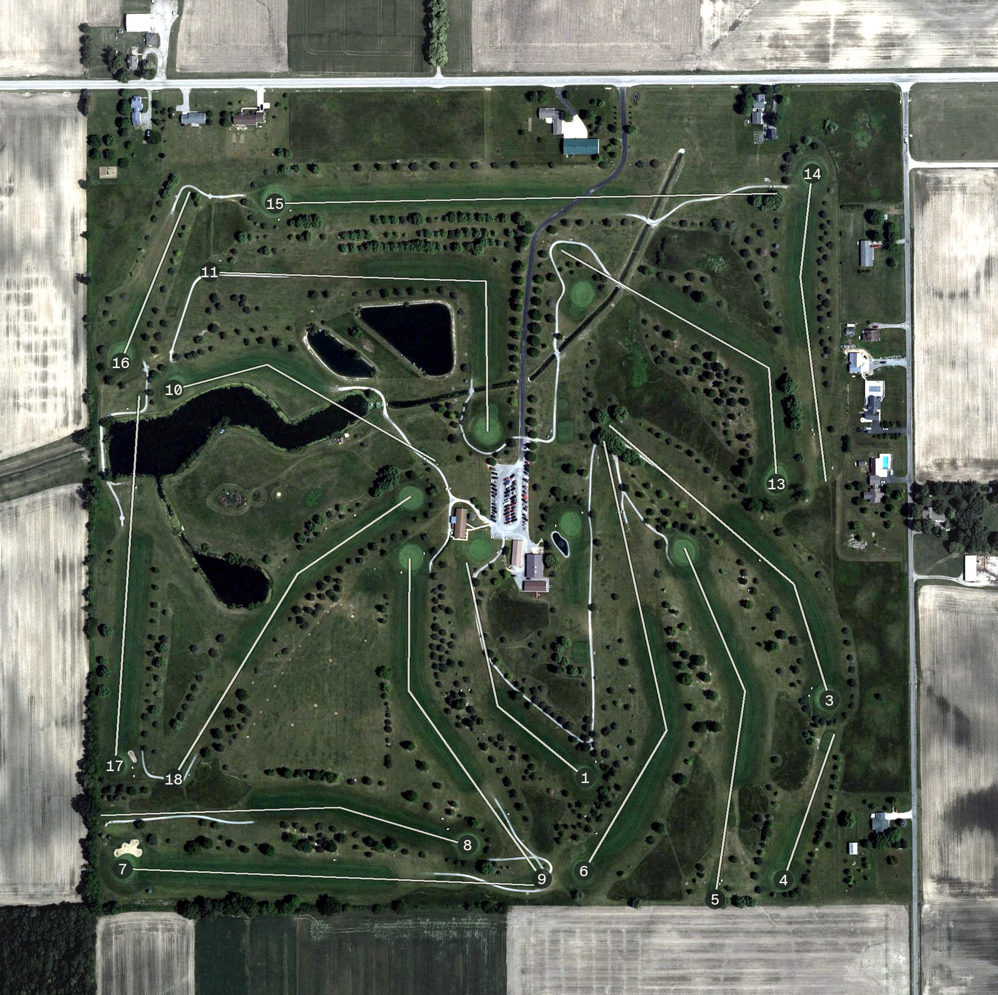 Aerial view of Prairie View Golf Club, OH, with its hole routing marked
