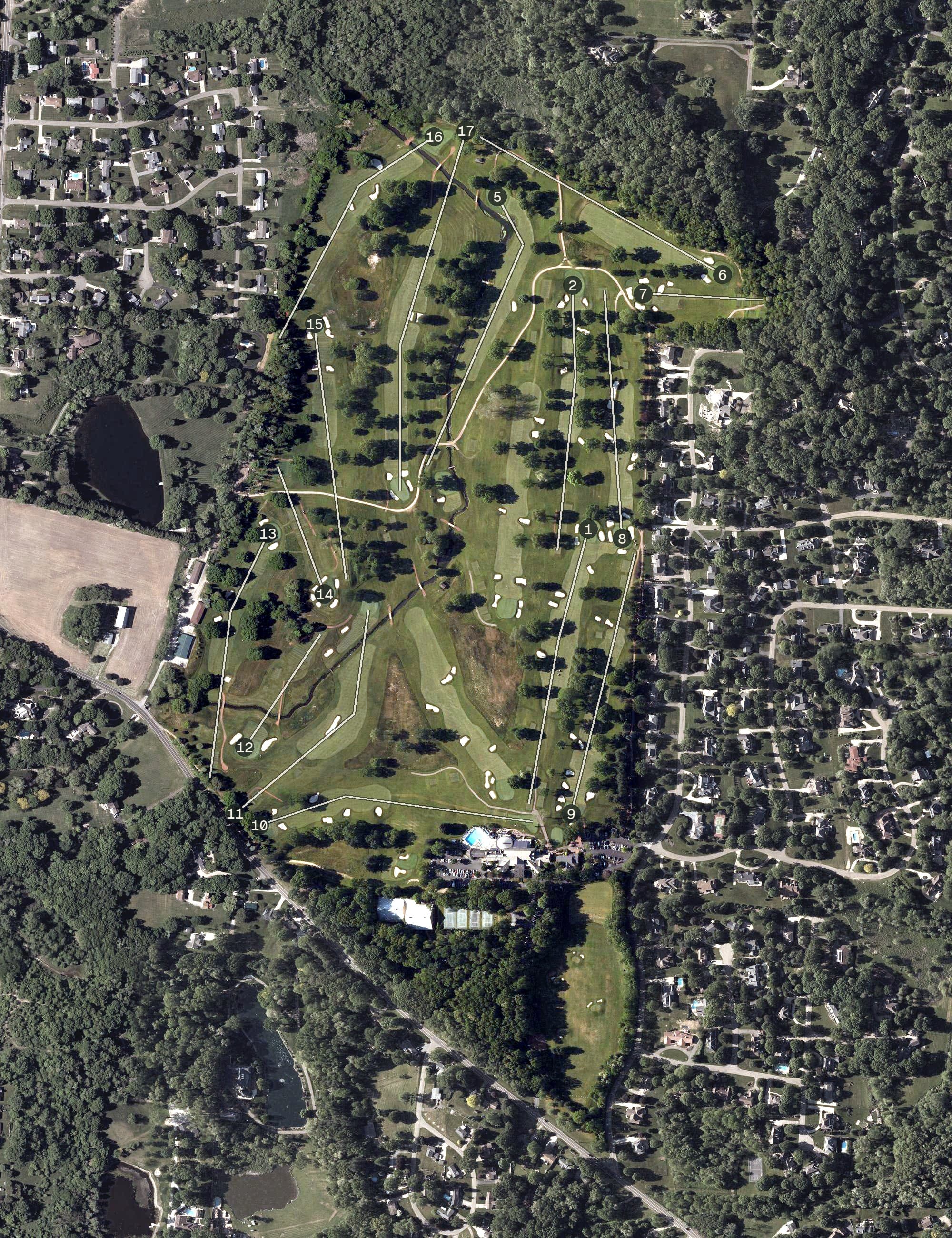 Aerial view of Pro Putt Miniature Golf Course, OH, with its hole routing marked