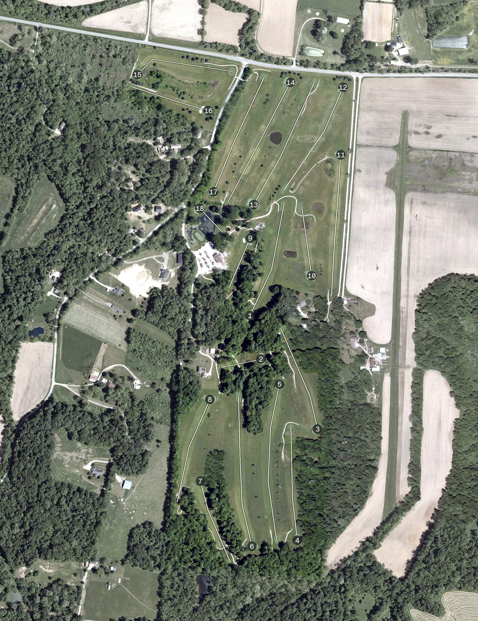 Aerial view of Pumpkin Vine Golf Course, OH, with its hole routing marked