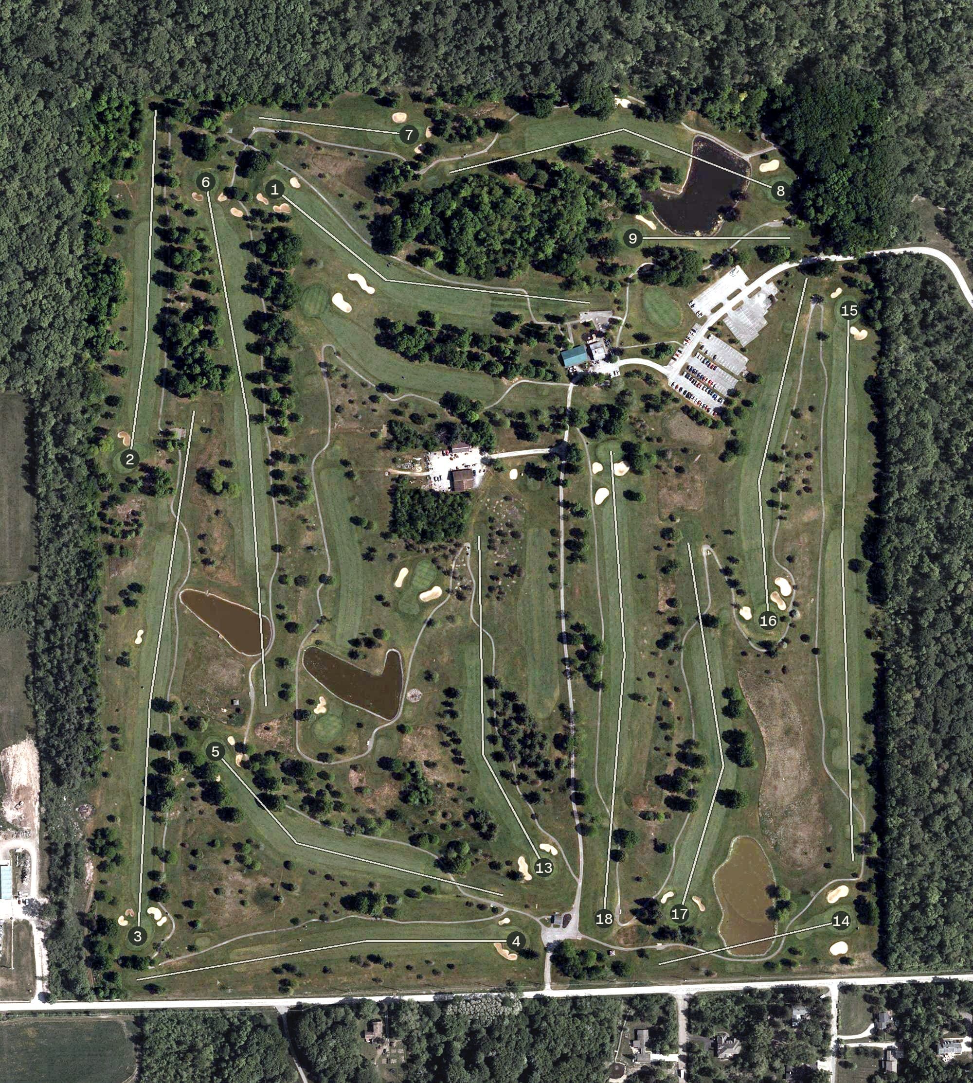Aerial view of Punderson Golf Course, OH, with its hole routing marked