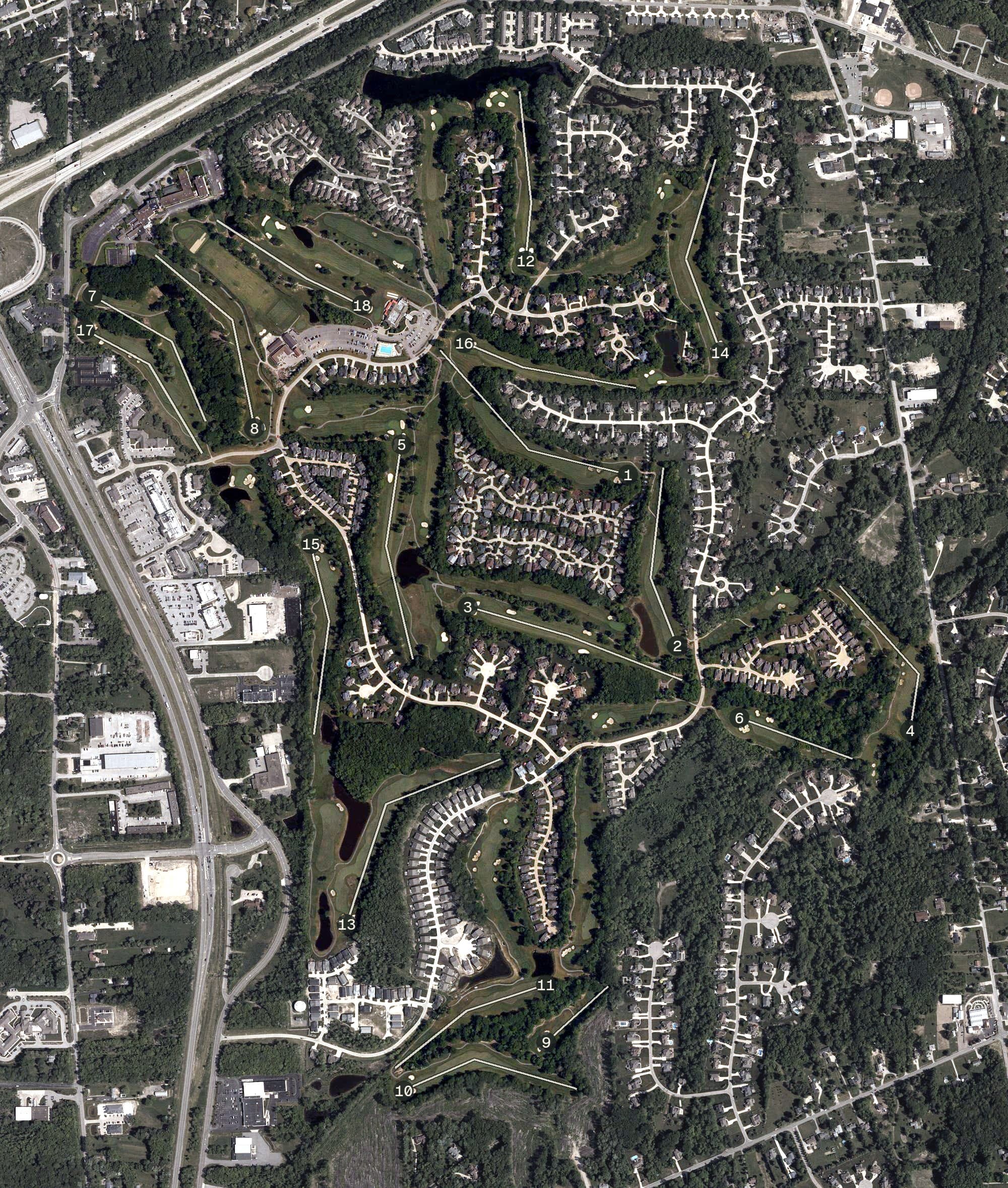 Aerial view of Quail Hollow Country Club, OH, with its hole routing marked