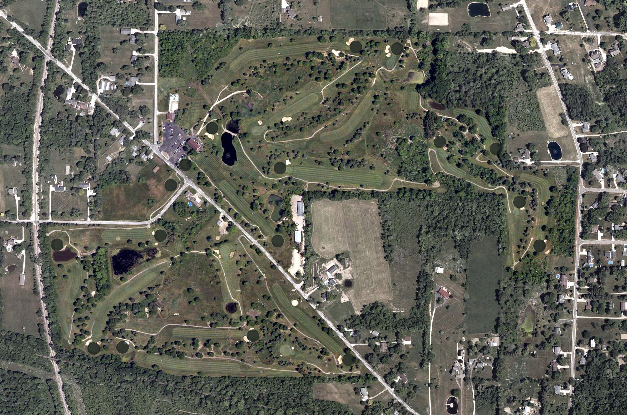 Aerial view of Raccoon Hill Golf Club, OH, with its hole routing marked