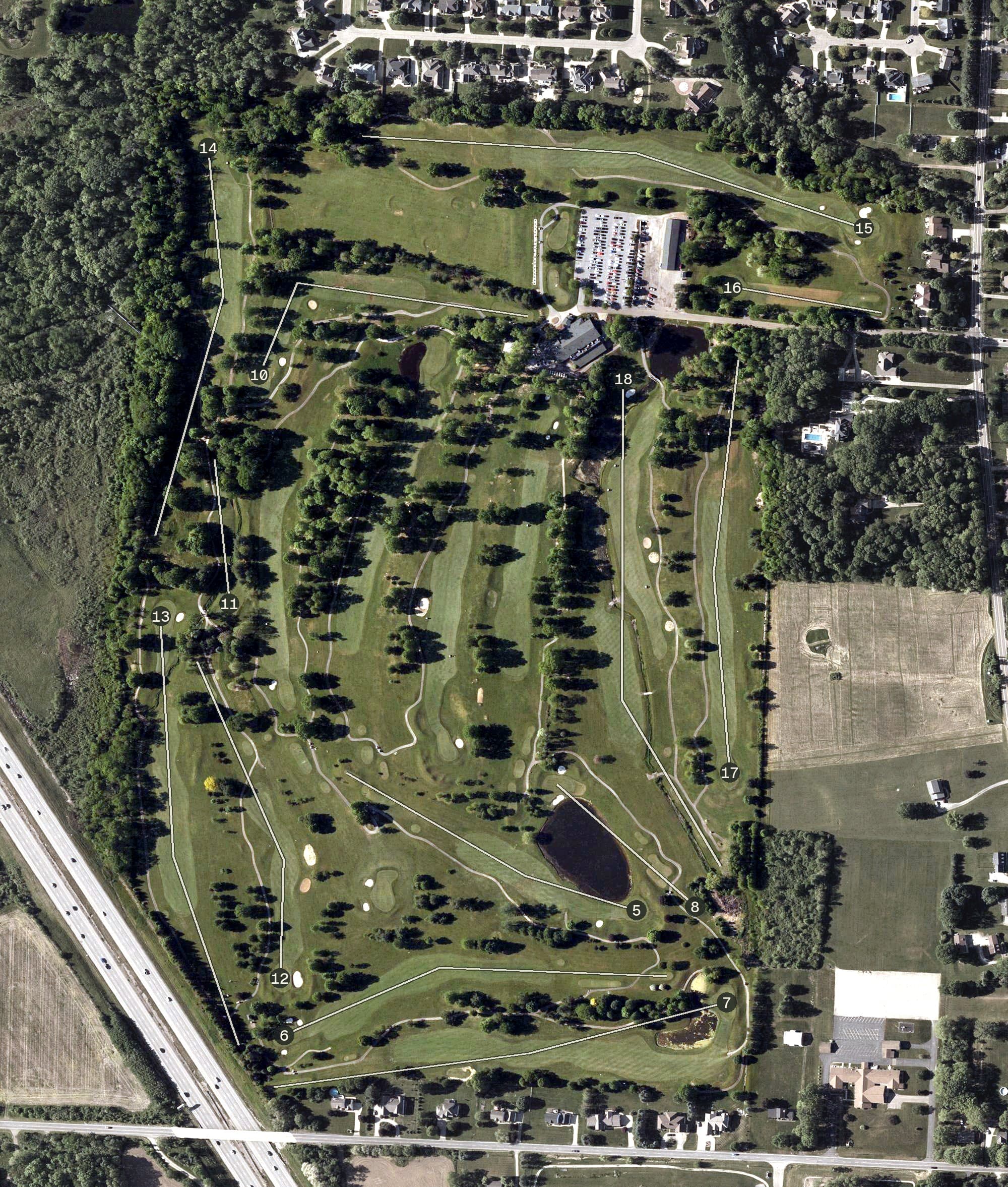 Aerial view of Raintree Golf & Event Center, OH, with its hole routing marked