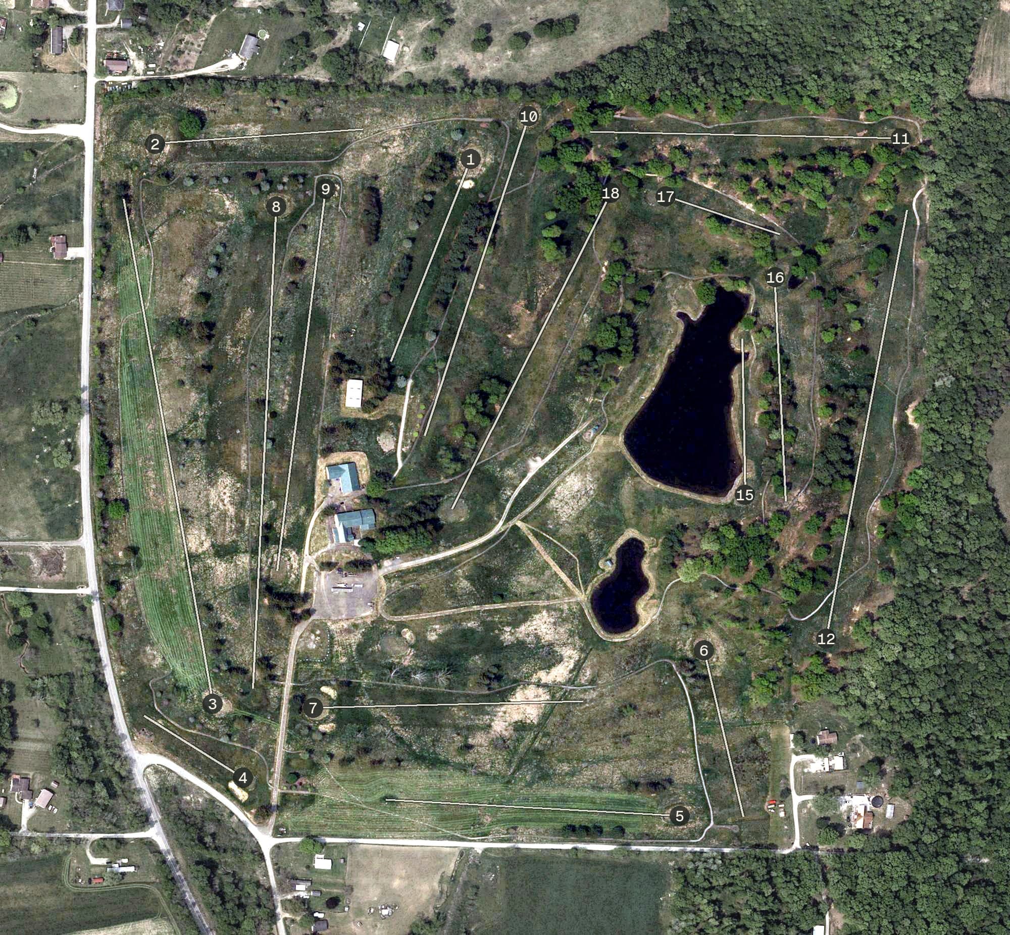 Aerial view of Red Oaks Golf Course, OH, with its hole routing marked