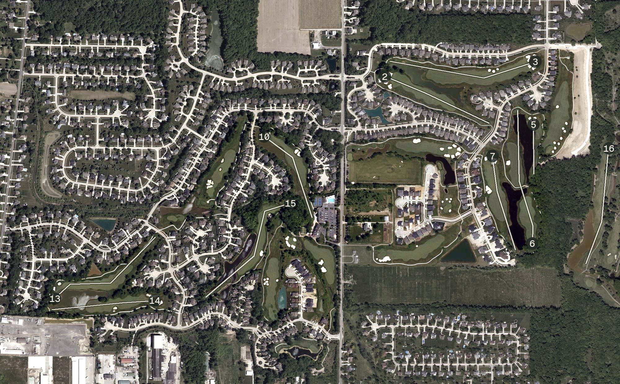 Aerial view of Red Tail Golf Club, OH, with its hole routing marked