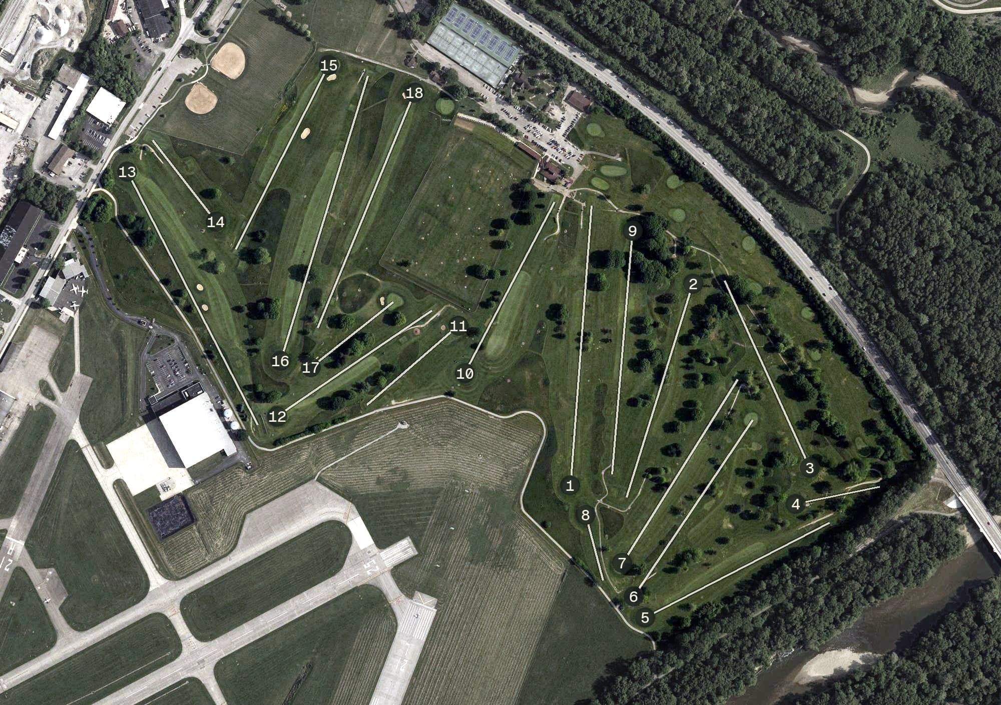 Aerial view of Reeves Golf Course, OH, with its hole routing marked