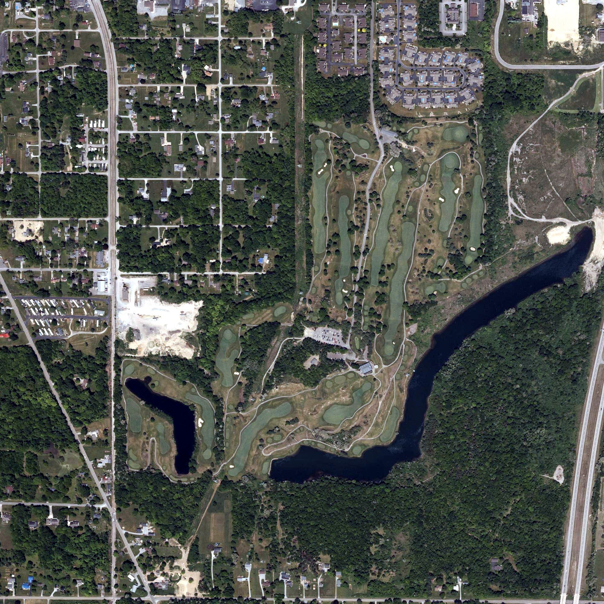 Aerial view of Reserve Run Golf Course, OH, with its hole routing marked