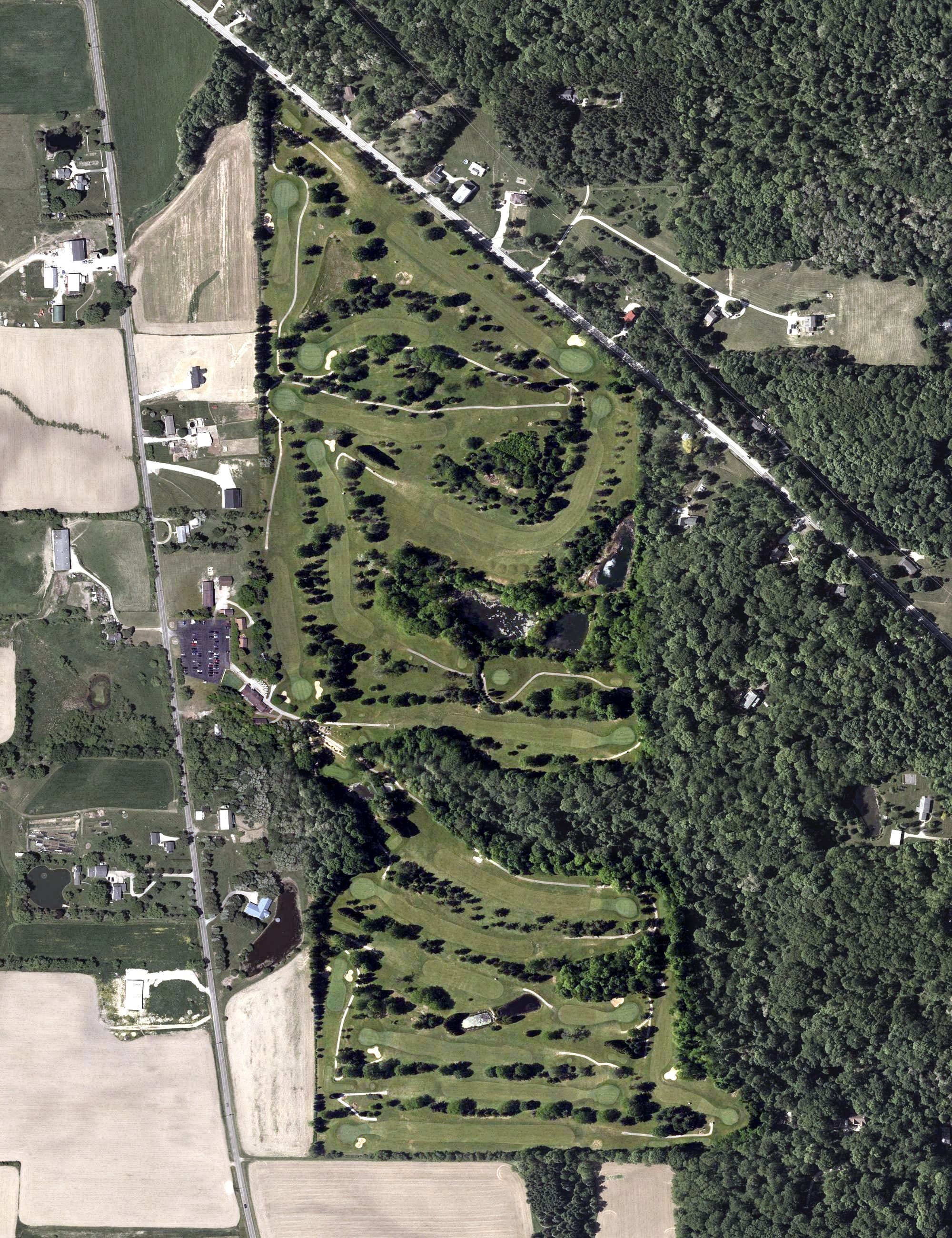 Aerial view of Ridge top golf course, OH, with its hole routing marked
