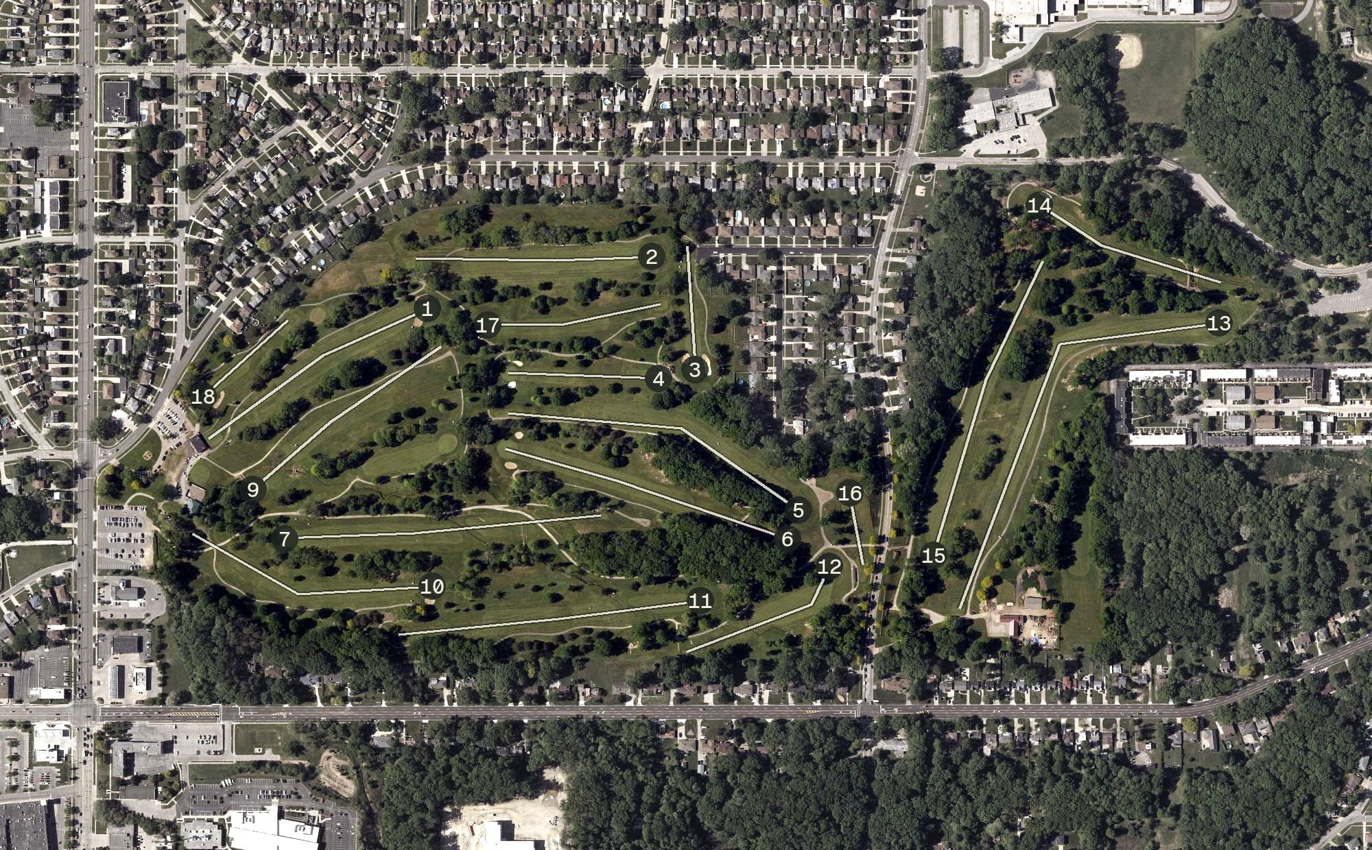 Aerial view of Ridgewood Golf Course, OH, with its hole routing marked
