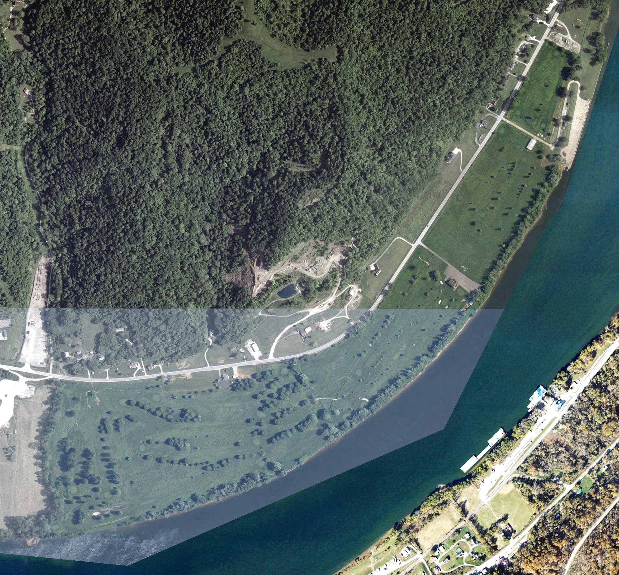 Aerial view of Riverside Golf Course, OH, with its hole routing marked