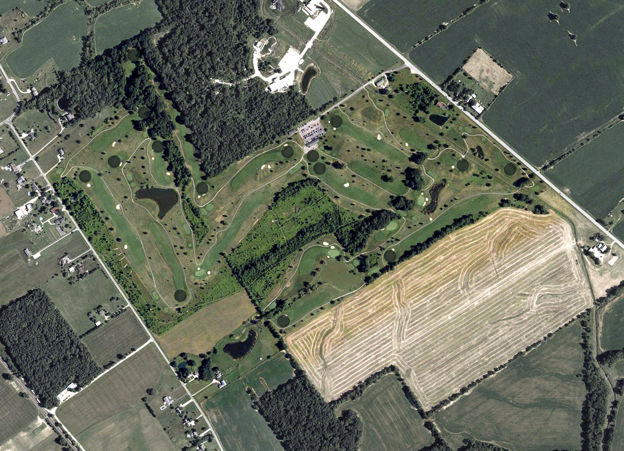 Aerial view of Rolling Meadows, OH, with its hole routing marked