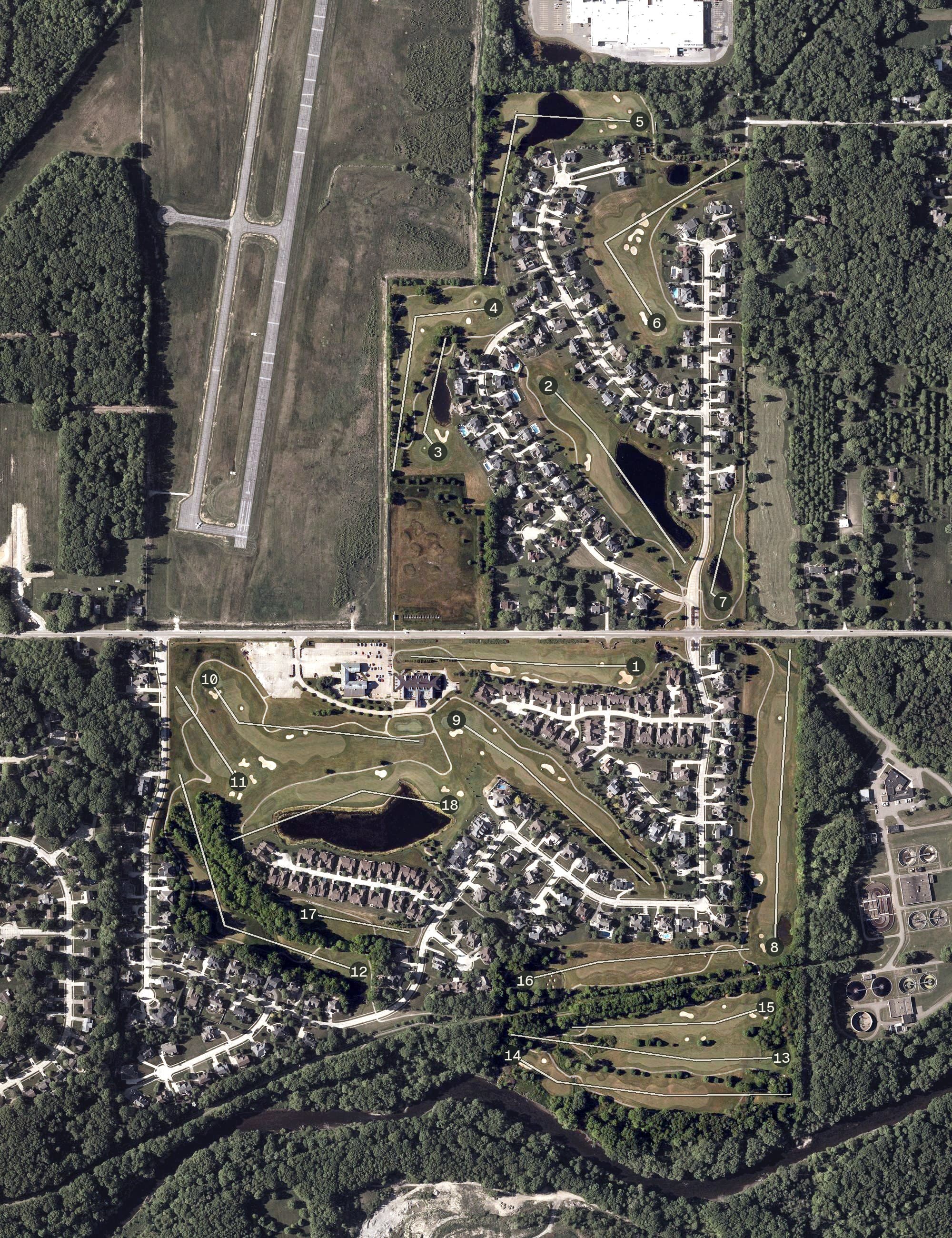 Aerial view of Roses Run Country Club, OH, with its hole routing marked
